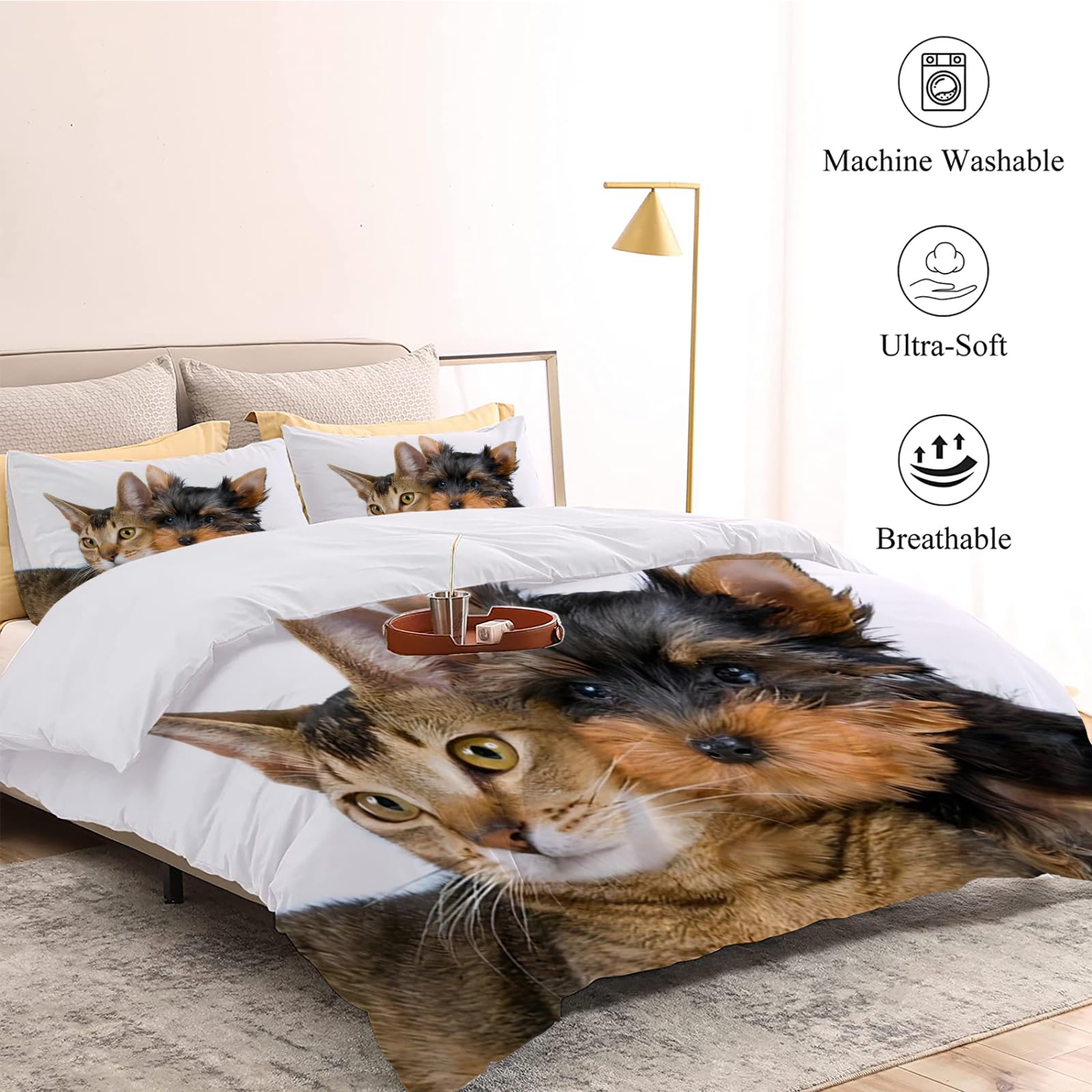 LANSHAN Copripiumino 260x240 Yorkshire Terrier, Copripiumini Bianco Copripiumone, Microfibra Traspirante Morbido 3 Pezzi, Reversibile Copripiumoni e Federe 50x80 cm, con Cerniera