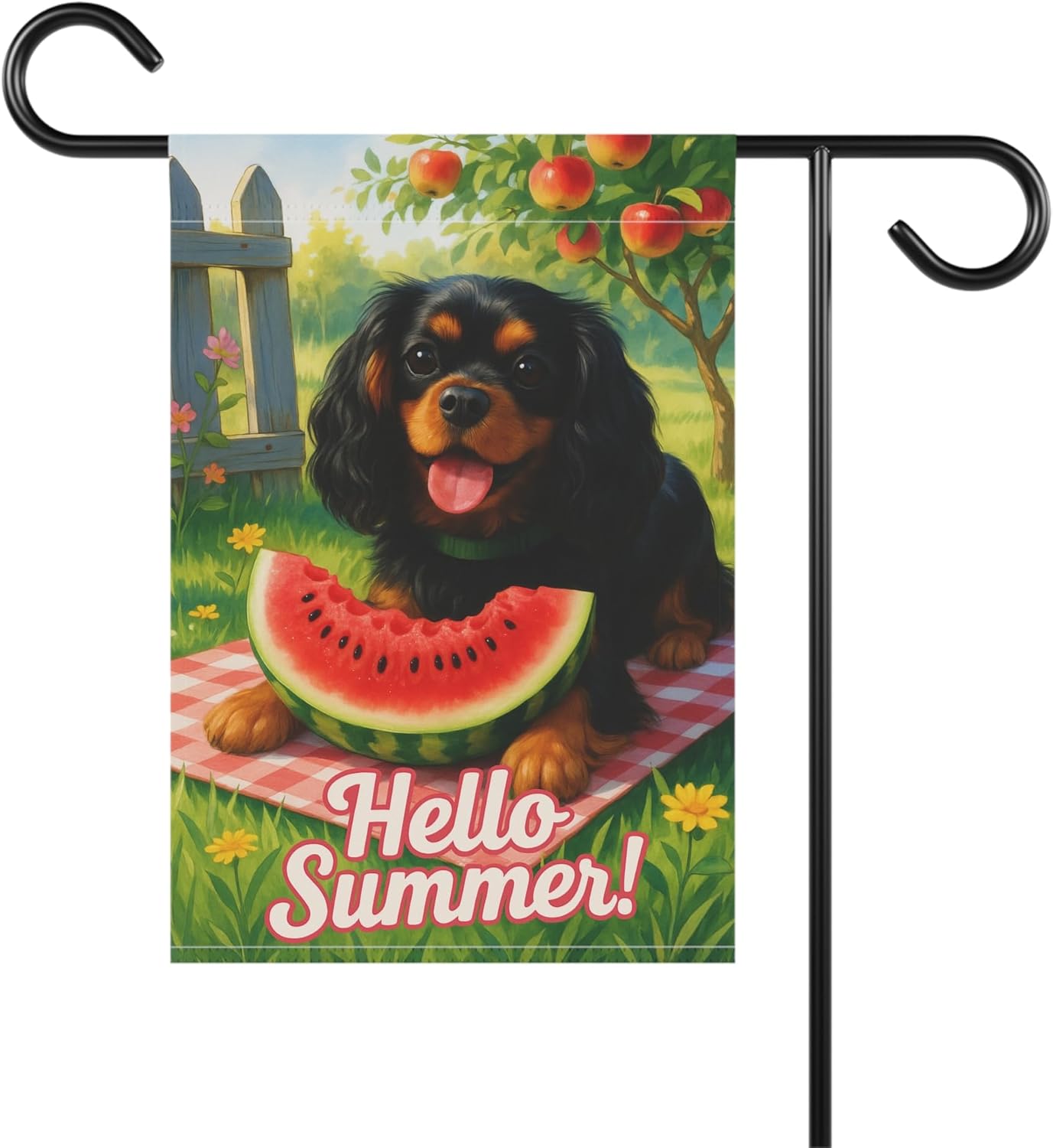 PUDDINFLAGS Garden Flag, Black and Tan King Charles Cavalier Watermelon Hello Summer Yard Sign, Picnic Housewarming Dog Decor