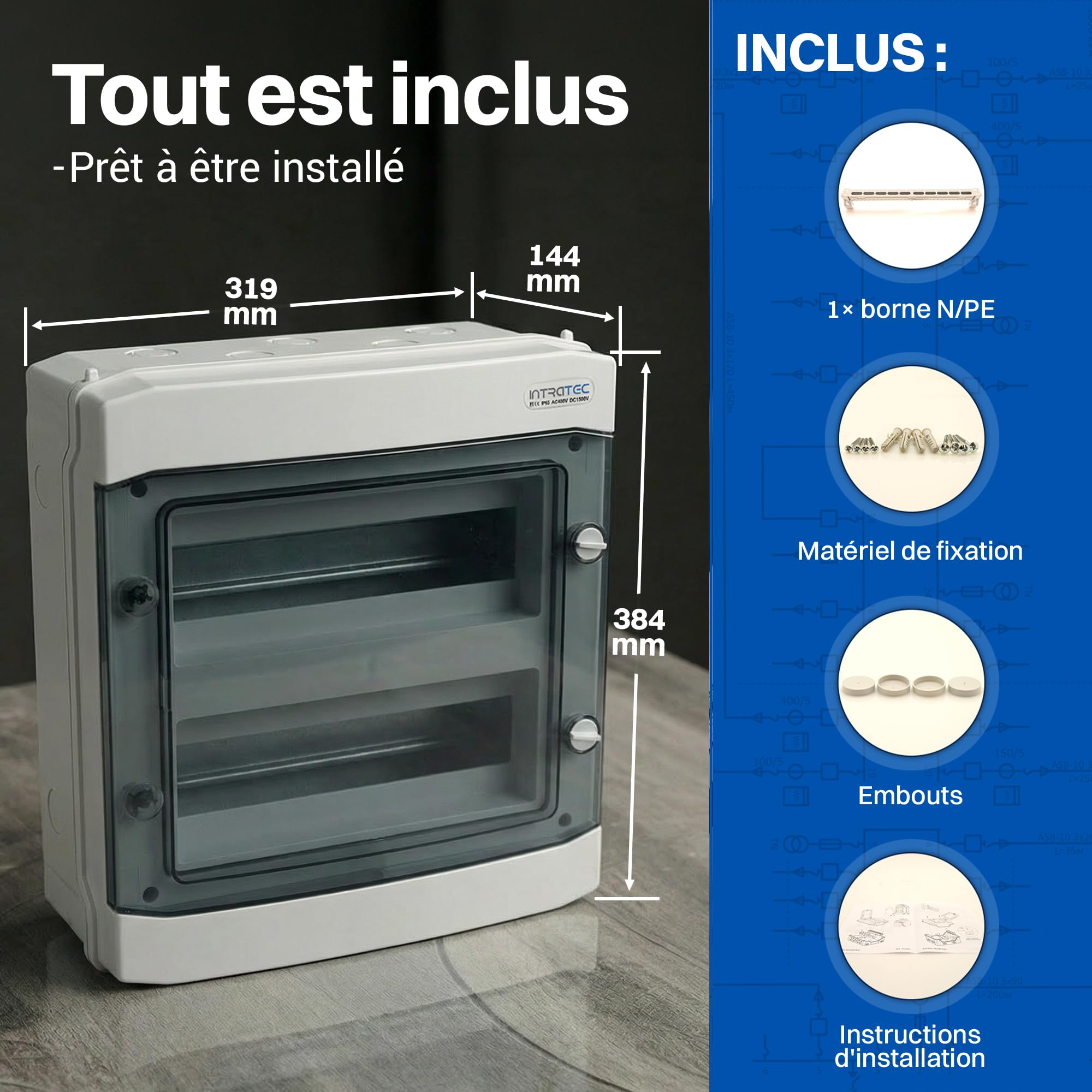 Intratec Coffret de Distribution en Saillie 2 Rangée IP65 – Coffret Électrique pour 24 Modules DIN – Enceinte Étanche Extérieur Garage Cave Jardin – 400VAC 1500VDC – 318 x 384 x 144 mm