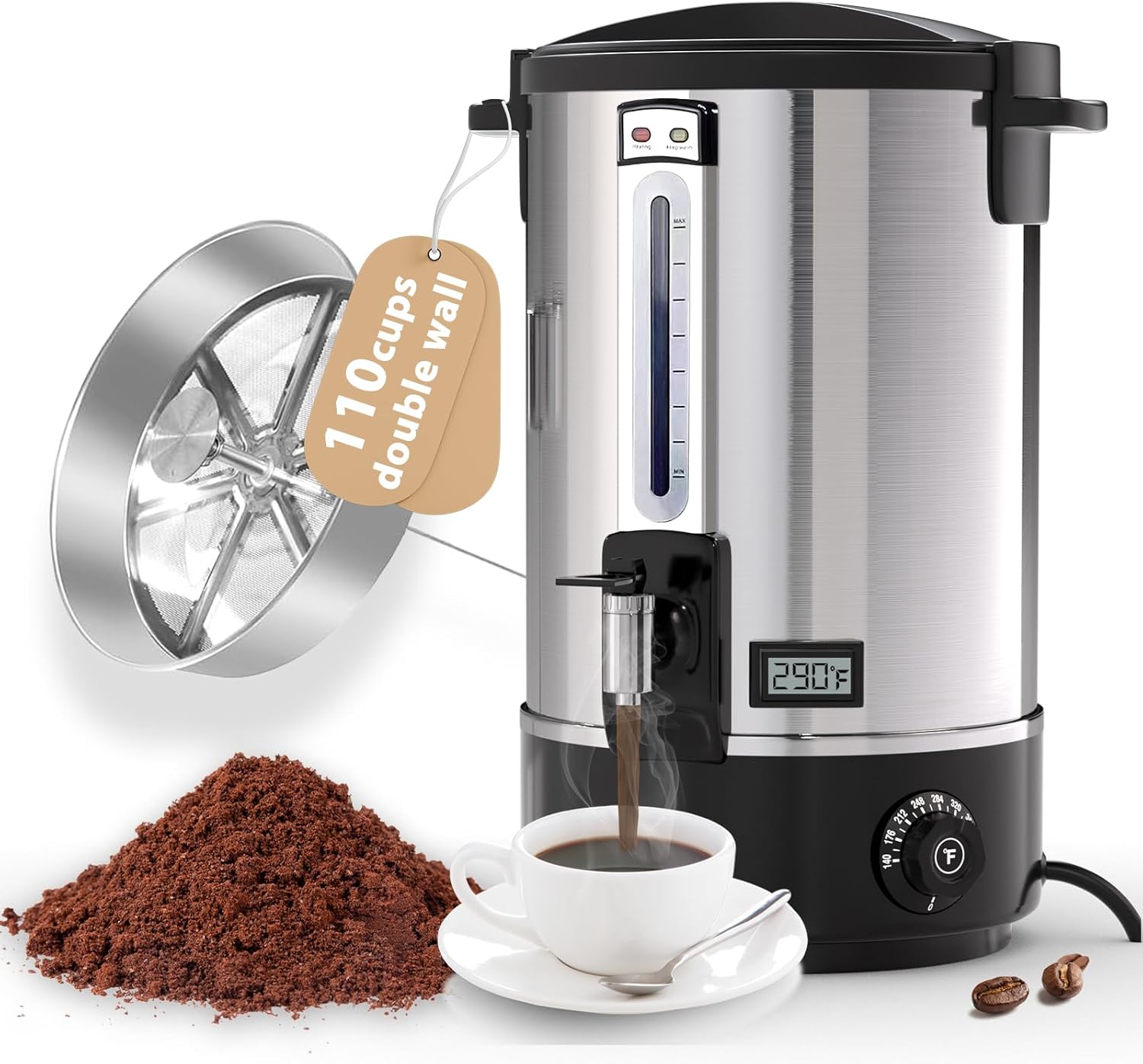 Commercial Coffee Urn?110 Cups/16.5L Stainless Steel Large Coffee Dispenser?Double Wall Electric Coffee Urn?Electric Coffee Maker Urn?Commercial Grade Percolate Coffee Maker Hot Water Urn for Catering