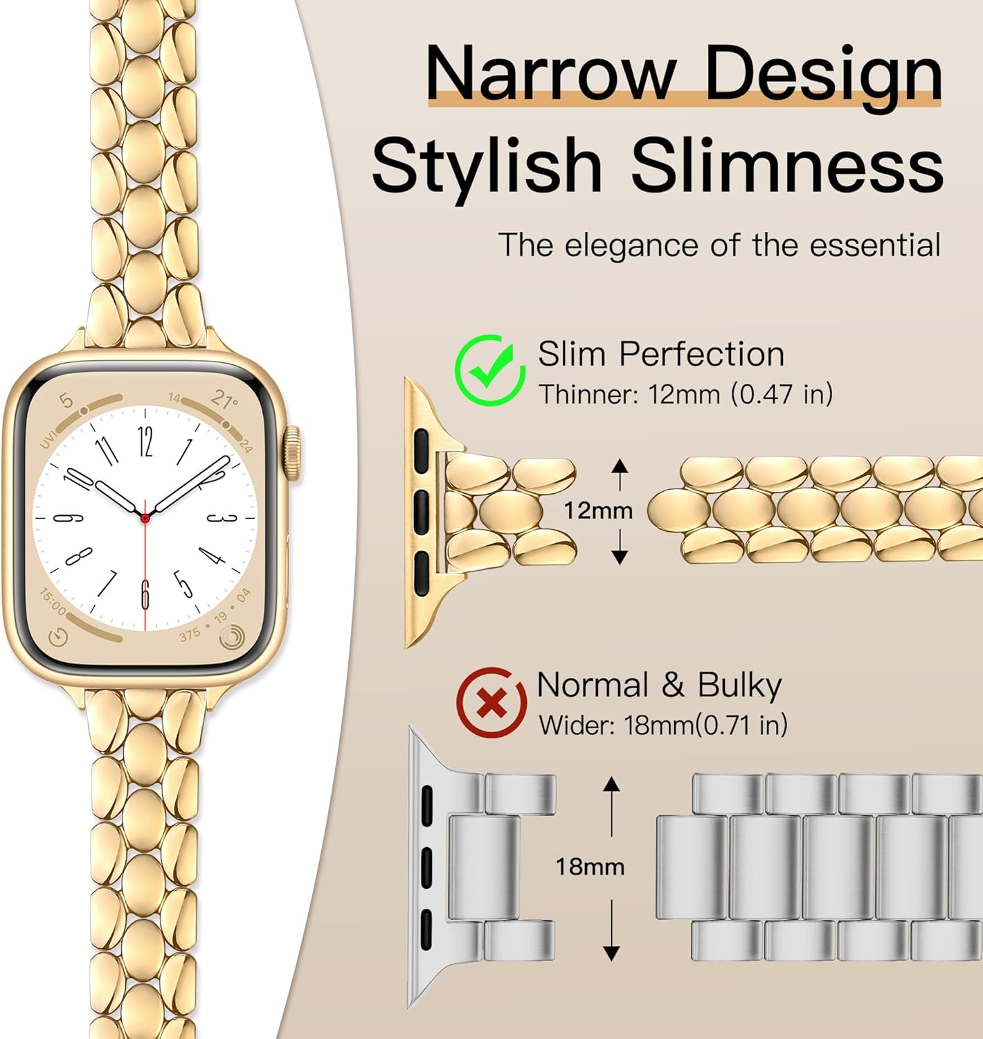 Slim Metal Band Fits Apple Watch Bands 46mm 45mm 44mm 42mm(Series 3 2 1) 49mm, Stainless Steel iWatch Bands Women, Dressy Band for Apple Watch Series 11 10 9 8 7 6 5 4 SE Ultra, Gold - Image 2