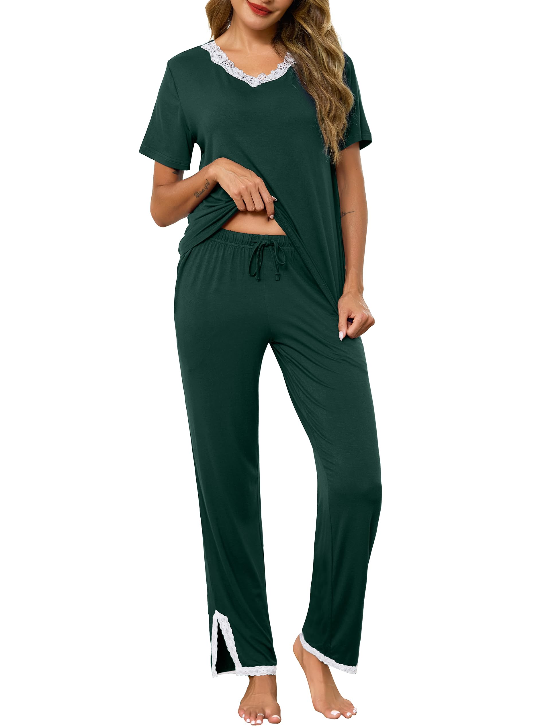 Lovasy Schlafanzug Damen Lang Kurzarm Pyjama Set V-Ausschnitt Spitzen Schlafanzüge für Damen Loungewear Hausanzug