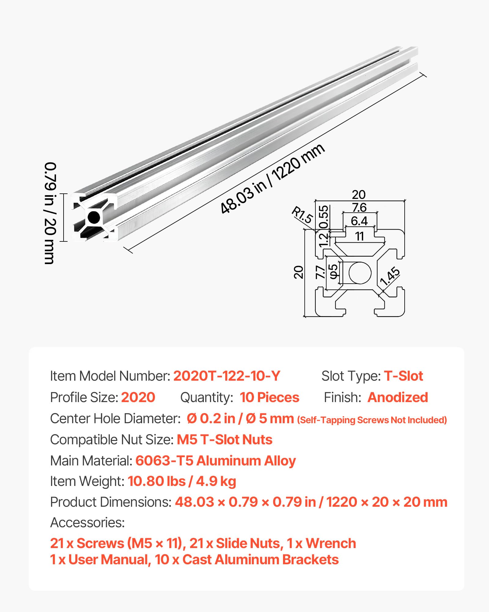 VEVOR 2020 Aluminium Profile 10 Stk. 122 cm, Eloxierte T-Nut-Aluprofile nach EU-Standard, Hochfestes Strangpressprofil, Aluminiumschiene für 3D-Druckerteile, CNC-DIY-Werkbänke und Montage, Silber