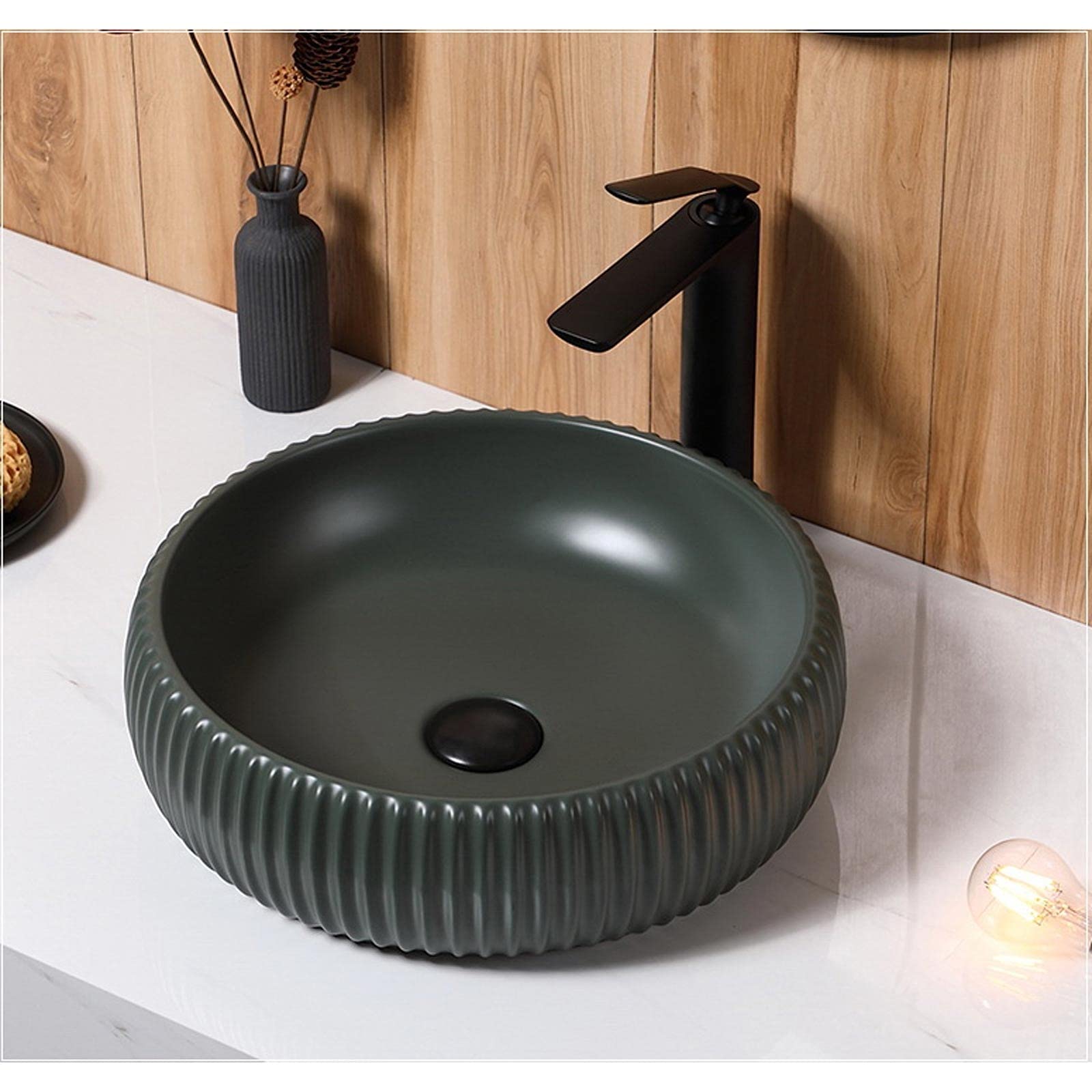 Lavabo De Baño Lavabo De Sobreponer De 15,7 X 5,1 Pulgadas, Lavabo De Porcelana Redondo De Color Verde Oscuro, Lavabo De Cerámica para Baño,B-One Size