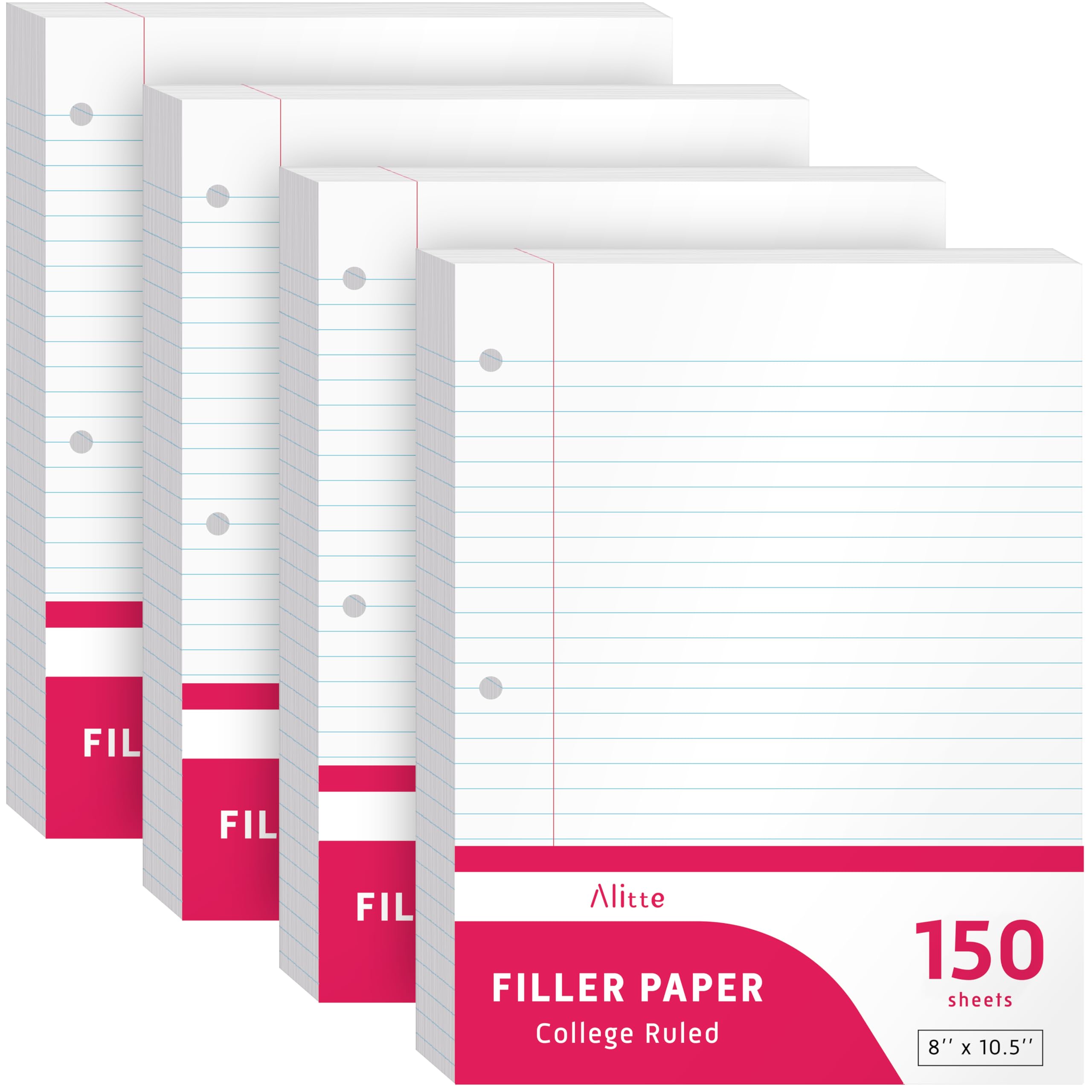 Alitte Loose Leaf Paper, College Ruled, 600 Sheets (150/Pack) Filler Paper for Writing Notes - School, College, Office 3 Hole-Punch Lined Sheets for