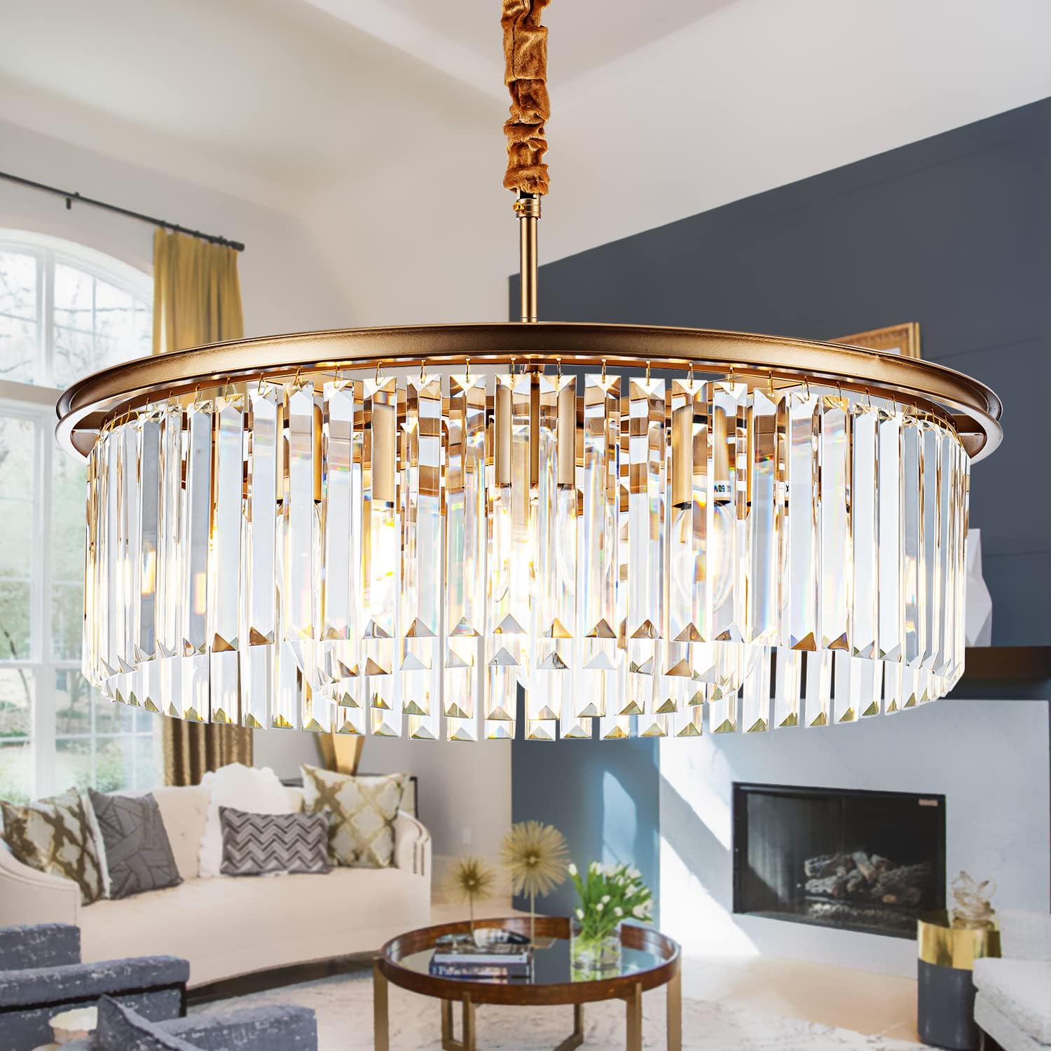 23" 8-Light Modern Crystal Chandelier Light Fixtures 2 Rings Gold Luxury Chandeliers for Dining Room Round Hanging Pendant Lighting for Living Room Kitchen Entryway Bedroom D 23", 8-Light Gold, 2-Rings