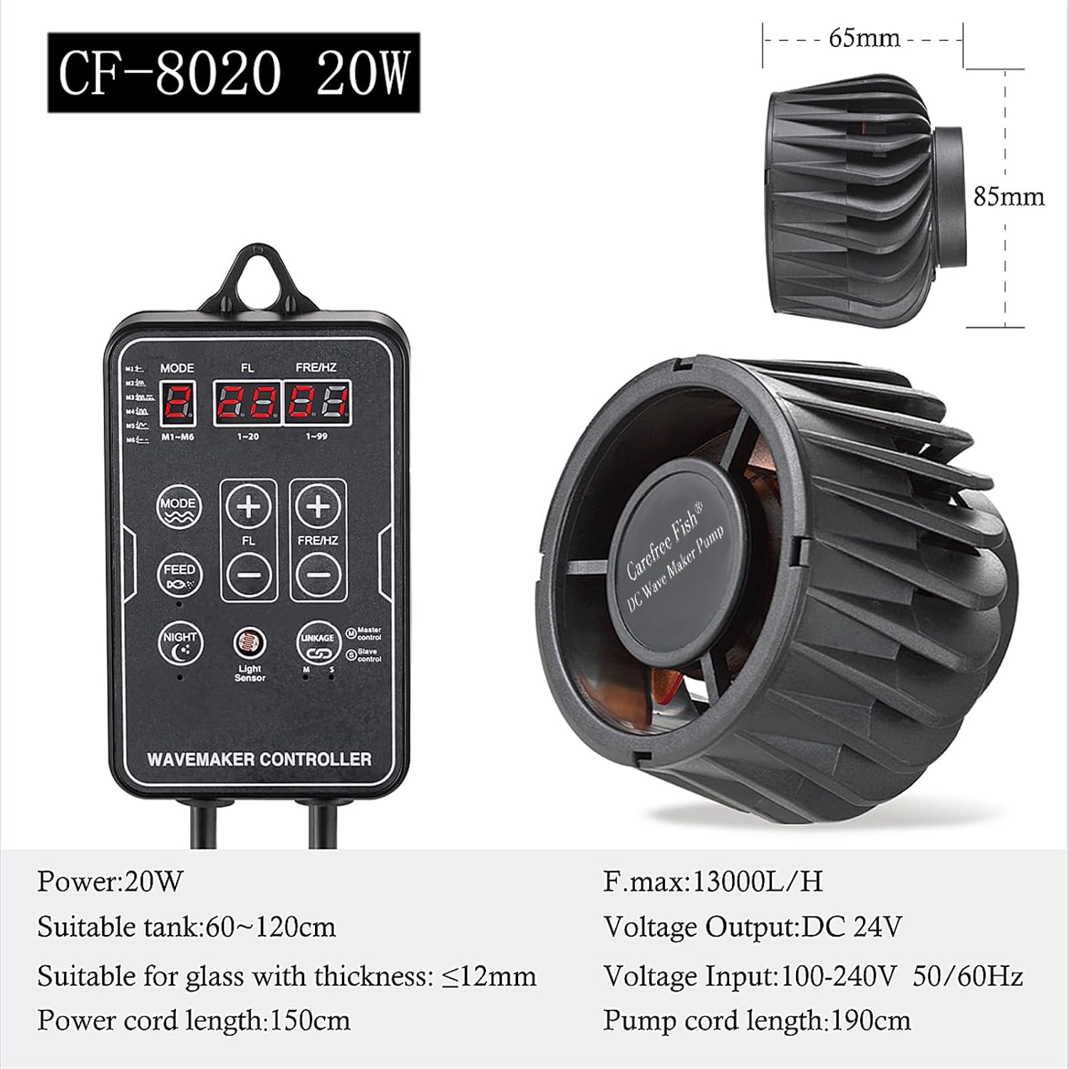Carefree Fish Aquarium DC24V Magnetic Wave Maker 3600Gph 20W with Digital Led Display Controller Quiet and Powerful Powerhead Variable Frequency Circulation Pump for Freshwater and Saltwater