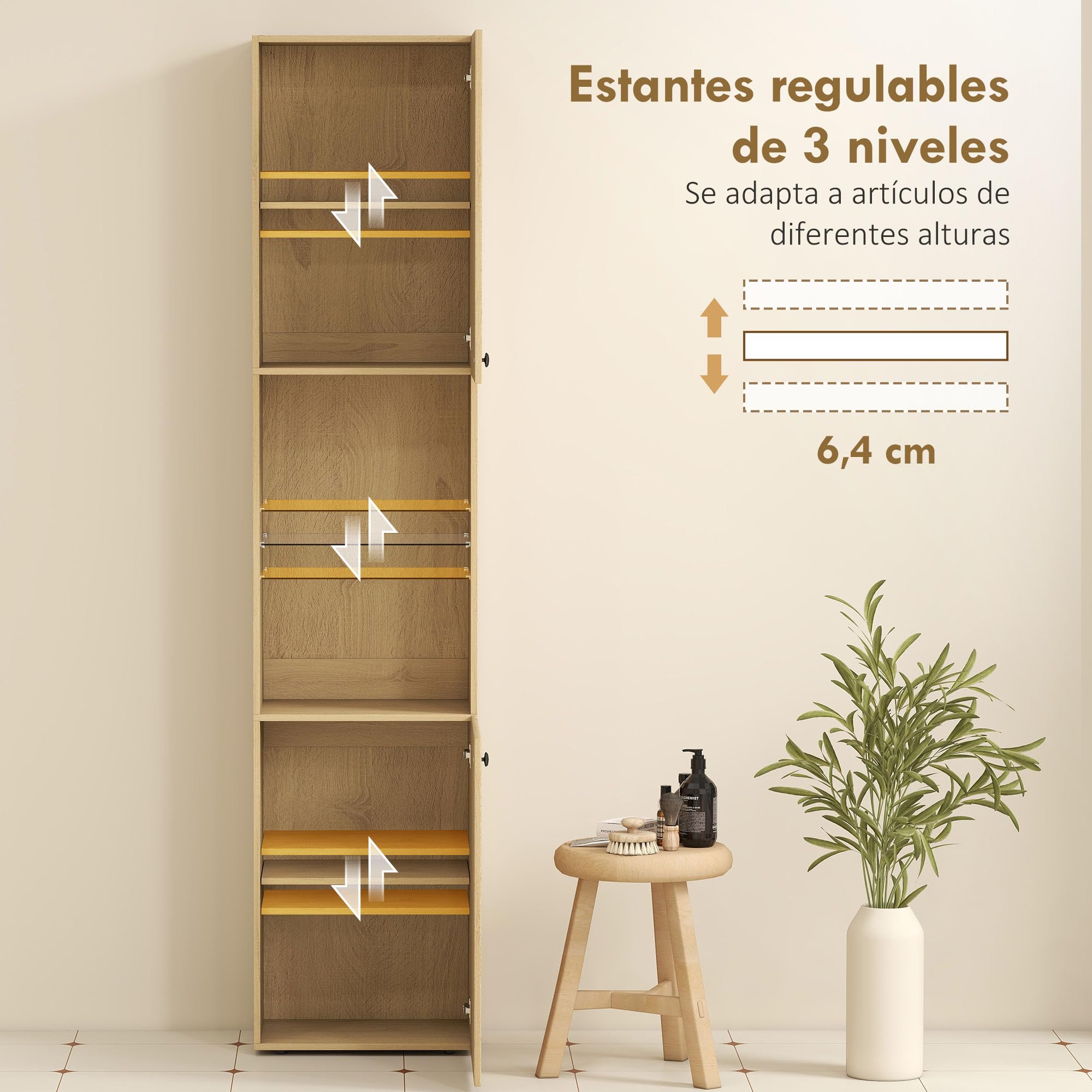 HOMCOM Armario de Baño Alto, Columna de Baño Estrecha de 6 Niveles con 2 Puertas, Estante de Vidrio Templado, Estantes Ajustables, 40x31x182 cm, Roble