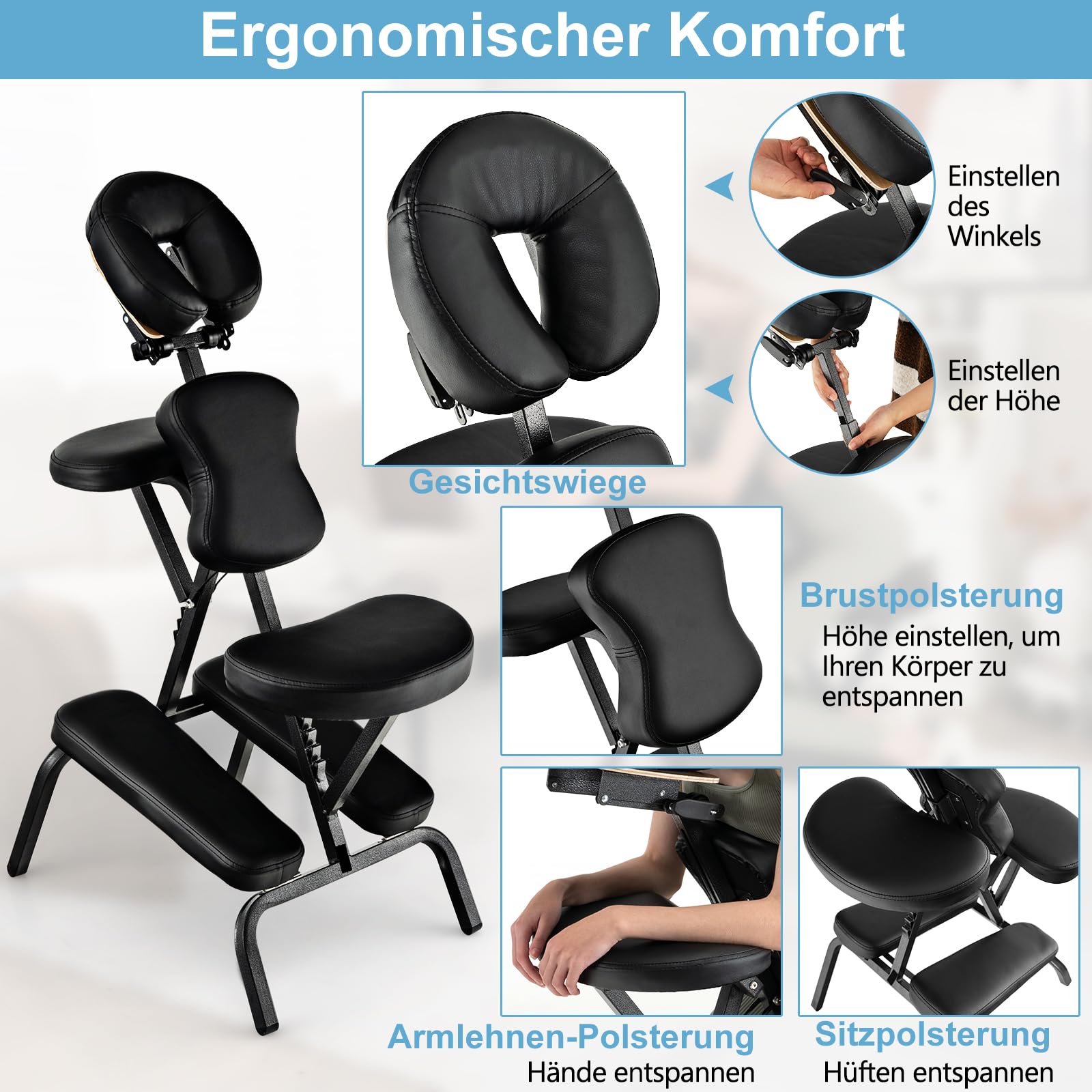 RELAX4LIFE Massagestuhl Klappbar Höhenverstellbar Therapiestuhl mit Verstellbarer Bruststütze Armablage Kopfstütze Sitz bis 160 kg Schwarz