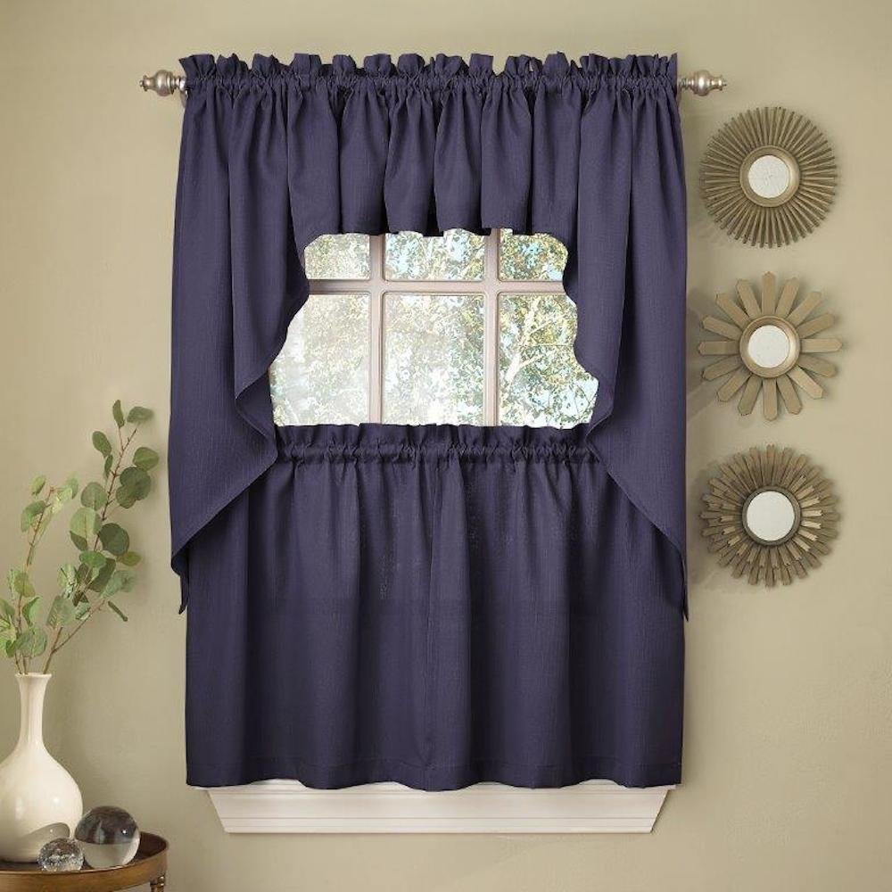 Ribcord Solid Color Kitchen Tier Curtain Pair, 54W x 24L, Navy