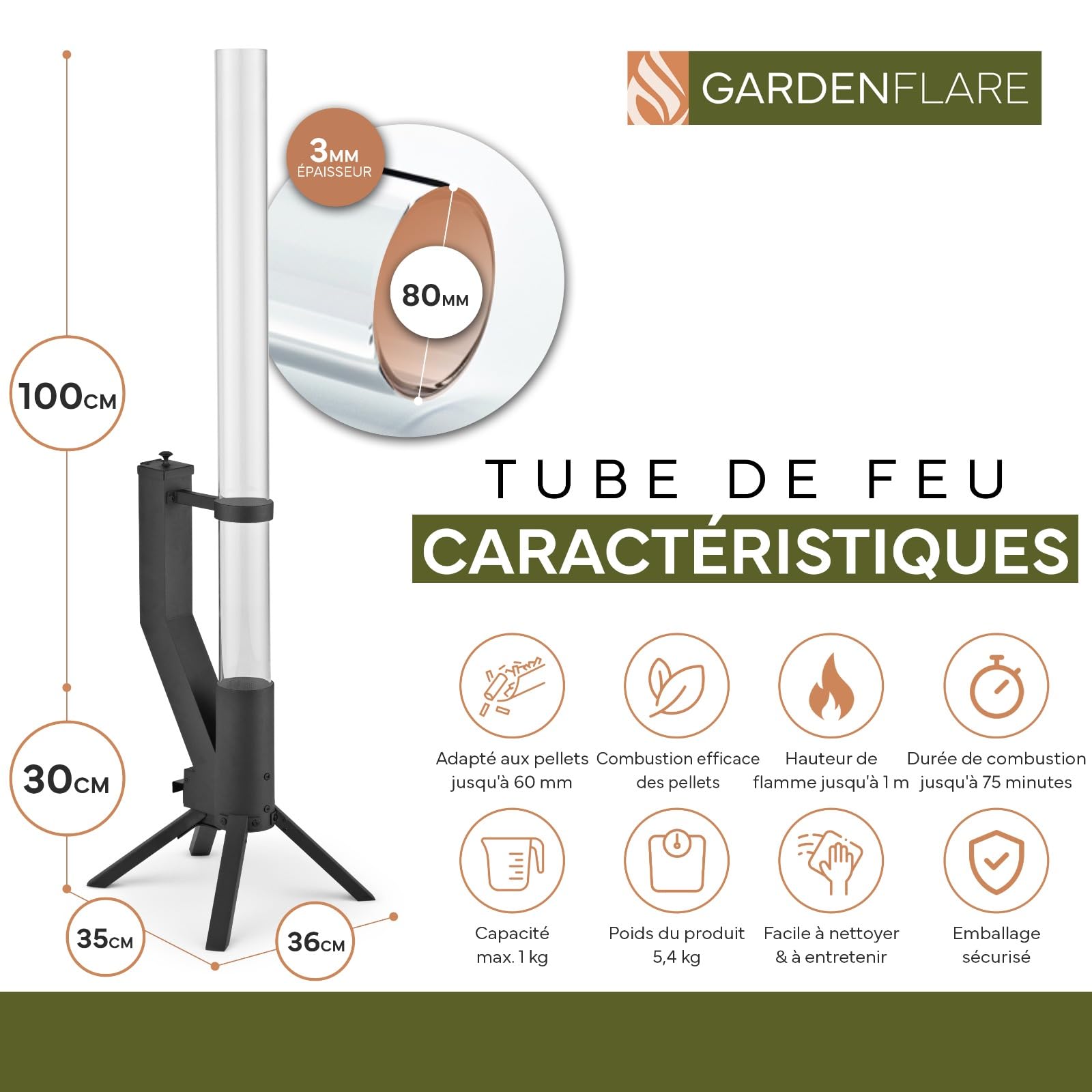 GARDENFLARE Torche à Pellet pour Jardin & Terrasse – Cheminée à Pellet Noire, Brasero Granulés Élégant, Flamme jusqu'à 1m, Brûle 75 Min, Acier Inoxydable, Conçu en Allemagne
