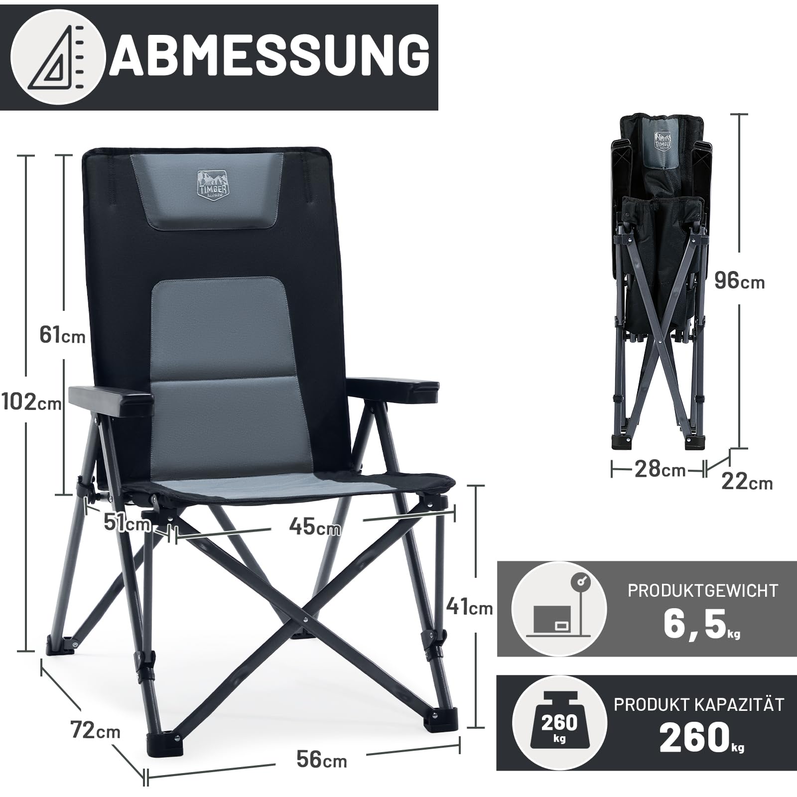 TIMBER RIDGE Campingstuhl Faltbar 260 KG Belastbar 4 Positionen verstellbar Klappstuhl Gepolstert Hohe Lehne mit Tragetasche Camping Stuhl Gartenstuhl für Garten Balkon Wohnmobil Picknick
