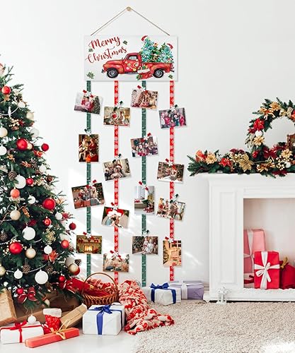 Miniatura 6 de AKEROCK Soporte de fotos con clip para tarjetas de Navidad, marco de fotos de Feliz Navidad, soporte de madera para colgar tarjetas de Navidad con