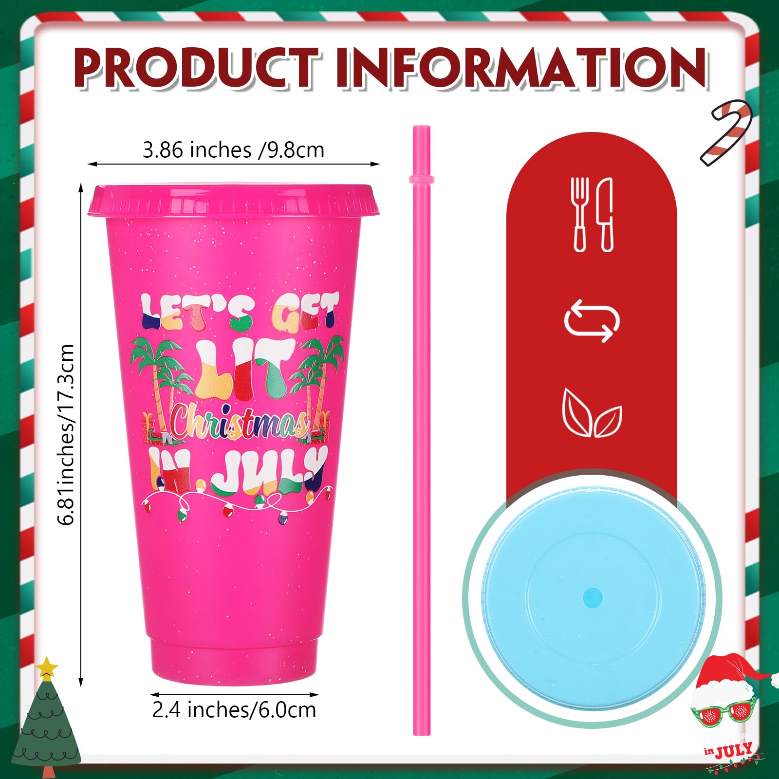CHENGU Lot de 24 gobelets tropicaux réutilisables en plastique avec couvercles et pailles en vrac, 710 ml, à paillettes pour Noël, l'été, les vacances, les fêtes, le bureau