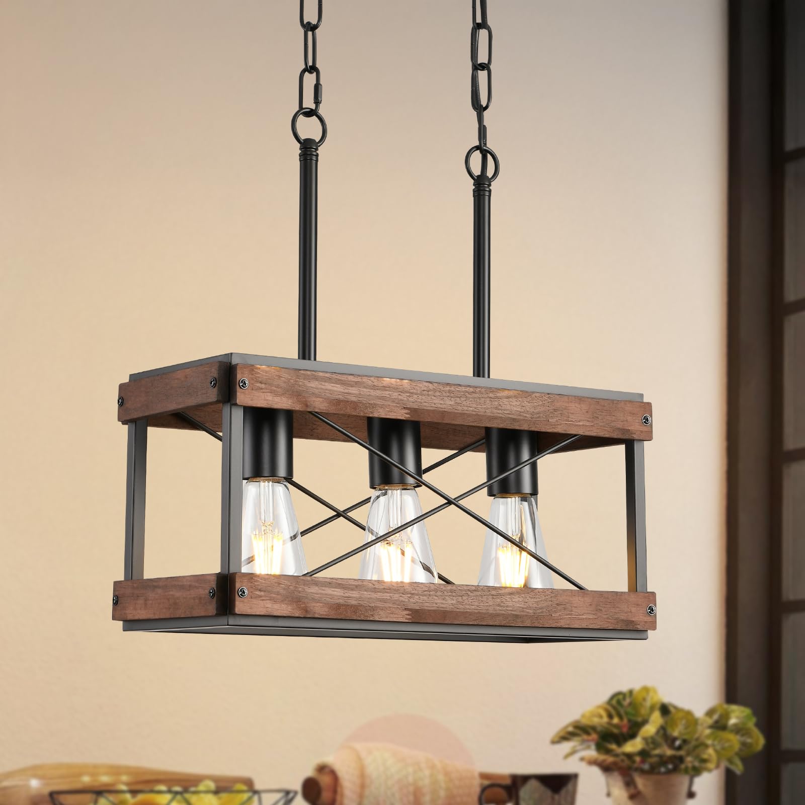SADALAK Rustic Farmhouse Wood Kitchen Island Lighting, 3 Lights Rectangular Rustic Wood Chandelier, Adjustable Height, Industrial Metal Pendant Lighting for Dining Room, Kitchen, Pool Table