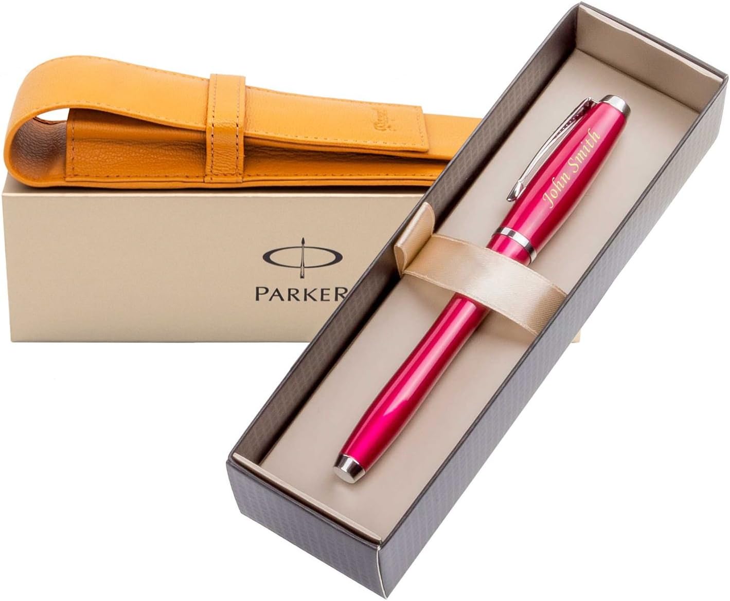 Stylish PARKER with gift box and London Pagani Collection Leather Pouch – Parker Urban Pen and Fountain Pen - Cool Magenta CT + PAGANI Orange