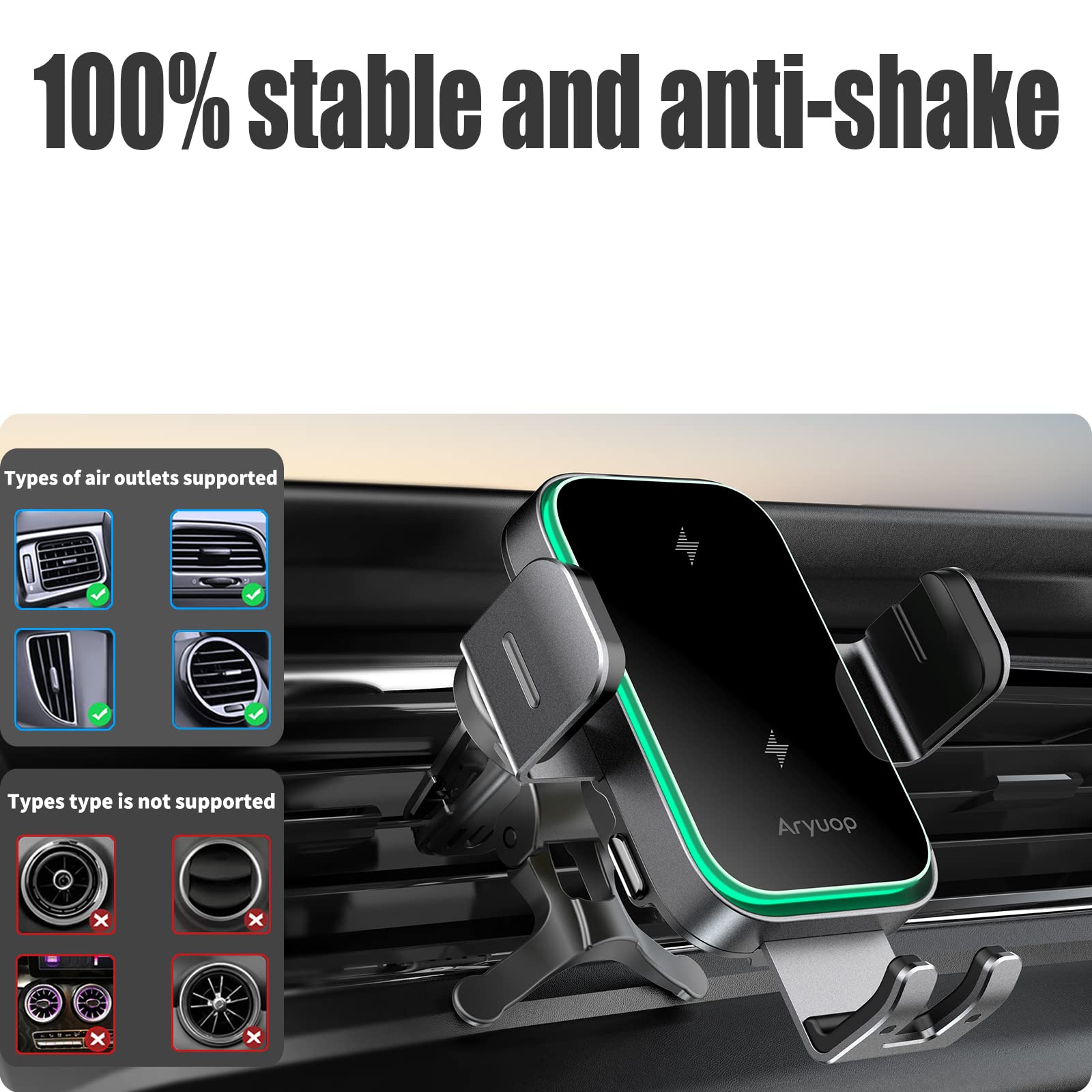 15W Fast Wireless Car Charger Mount Dual Coil - Auto Alignment Clamping Wireless Car Phone Charger, Dashboard Windshield Wireless Charging Car Holder for iPhone15/14/13/12/Pro Max/Samsung Galaxy