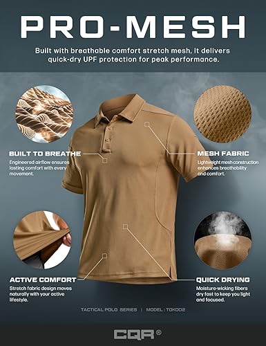 Miniatura 7 de CQR Camiseta polo táctica para hombre, de manga corta, ligera y con Dry Fit, tela piqué, FPU 50+, para exteriores