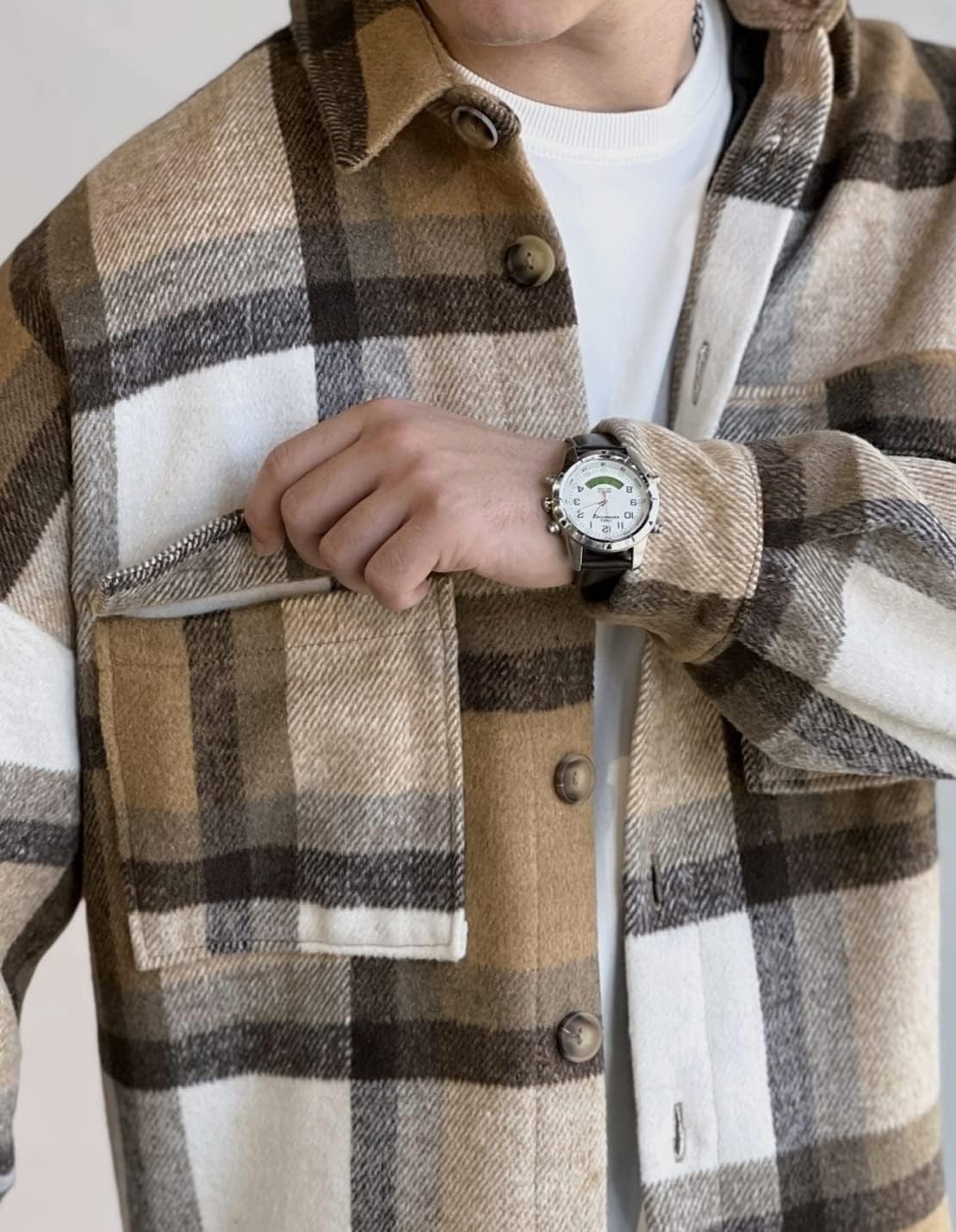 Men's Casual Warm Plaid Wool Blend Jacket Fleece Relaxed Fit Button Up Long Sleeve Shacket Shirt Coat - Image 3