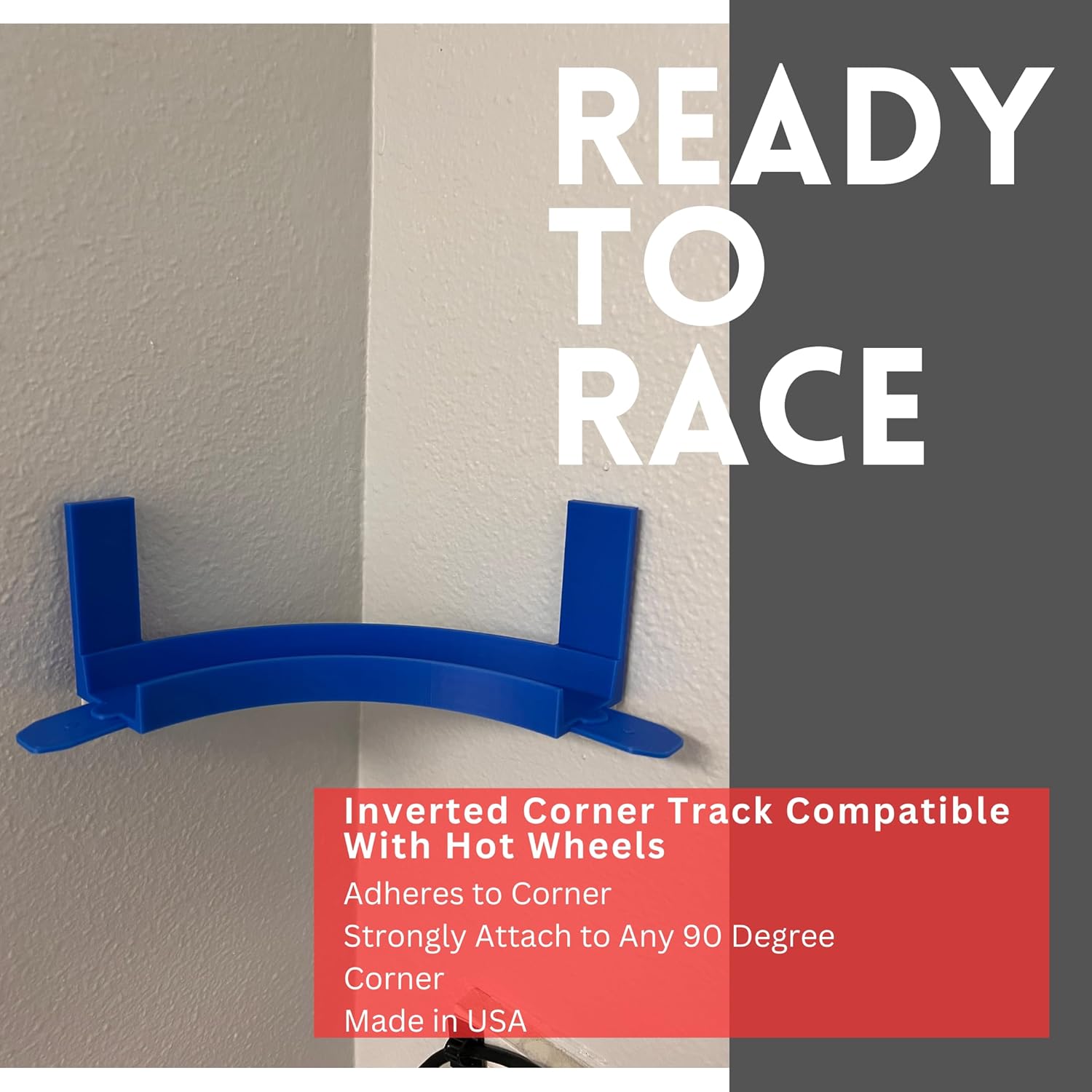Corner Wall Mount Track Compatible with Hot Wheels | 90 Degree Turn with Removable Adhesive for Mounting to Wall | Made in USA (Inside Curve, 1-Pack)