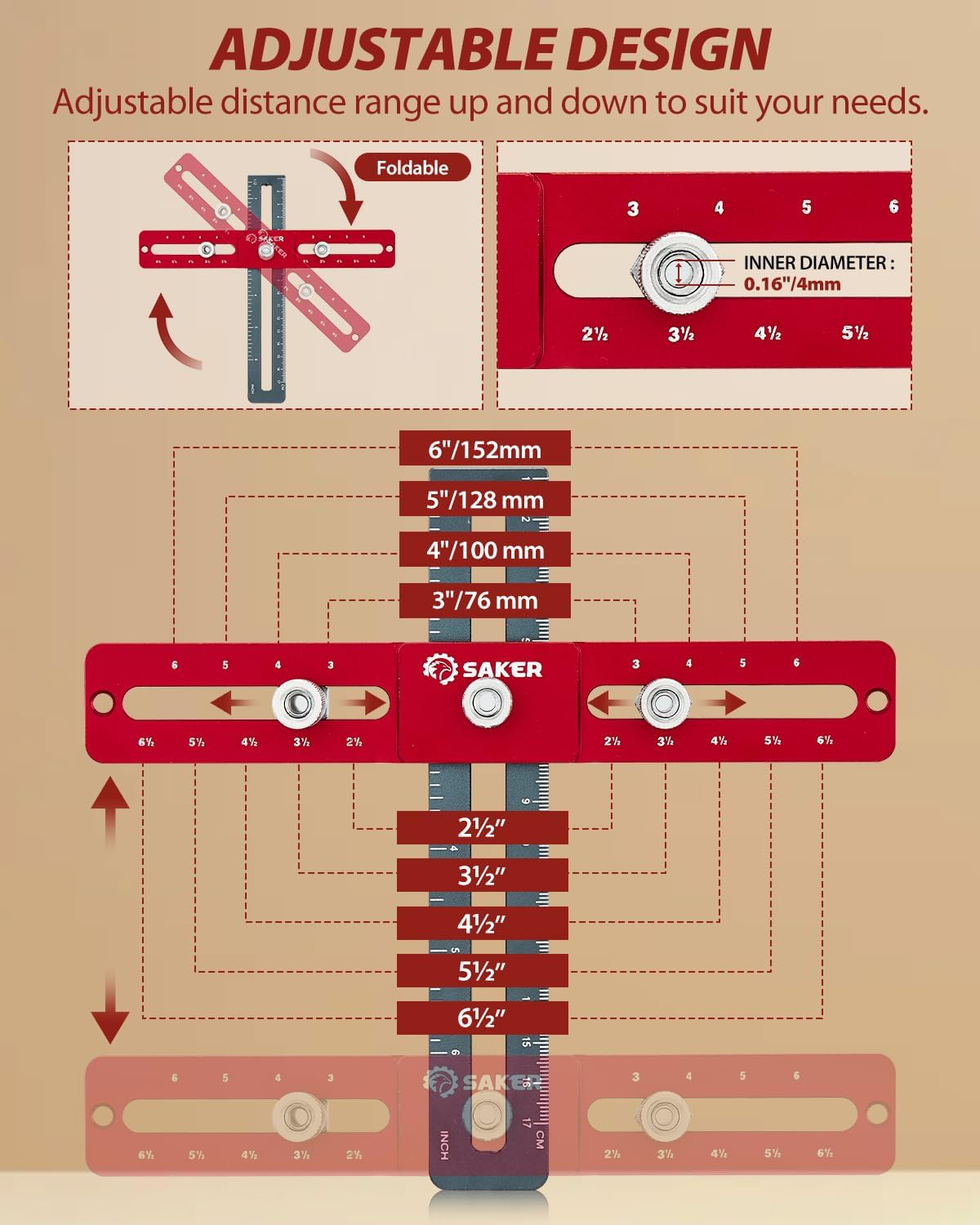 Saker Cabinet Hardware Doweling Jig - Cabinet Handle Template Tool for Knobs and Pull - Adjustable Self Centering Punch Locator Precise Woodworking Drill Guide (6.5" Jig Saw) - Image 6