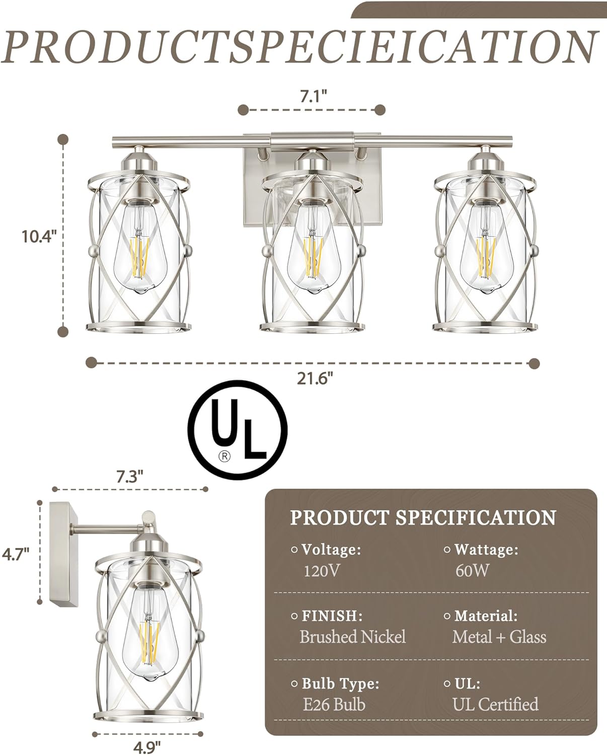 3-Light Brushed Nickel Bathroom Light Fixtures, 21 Inch Modern Bathroom Vanity Lighting Fixtures Over Mirror with Clear Glass and Metal Cage Wall Sconce Lights for Bath, E26, CH9176BN-3W