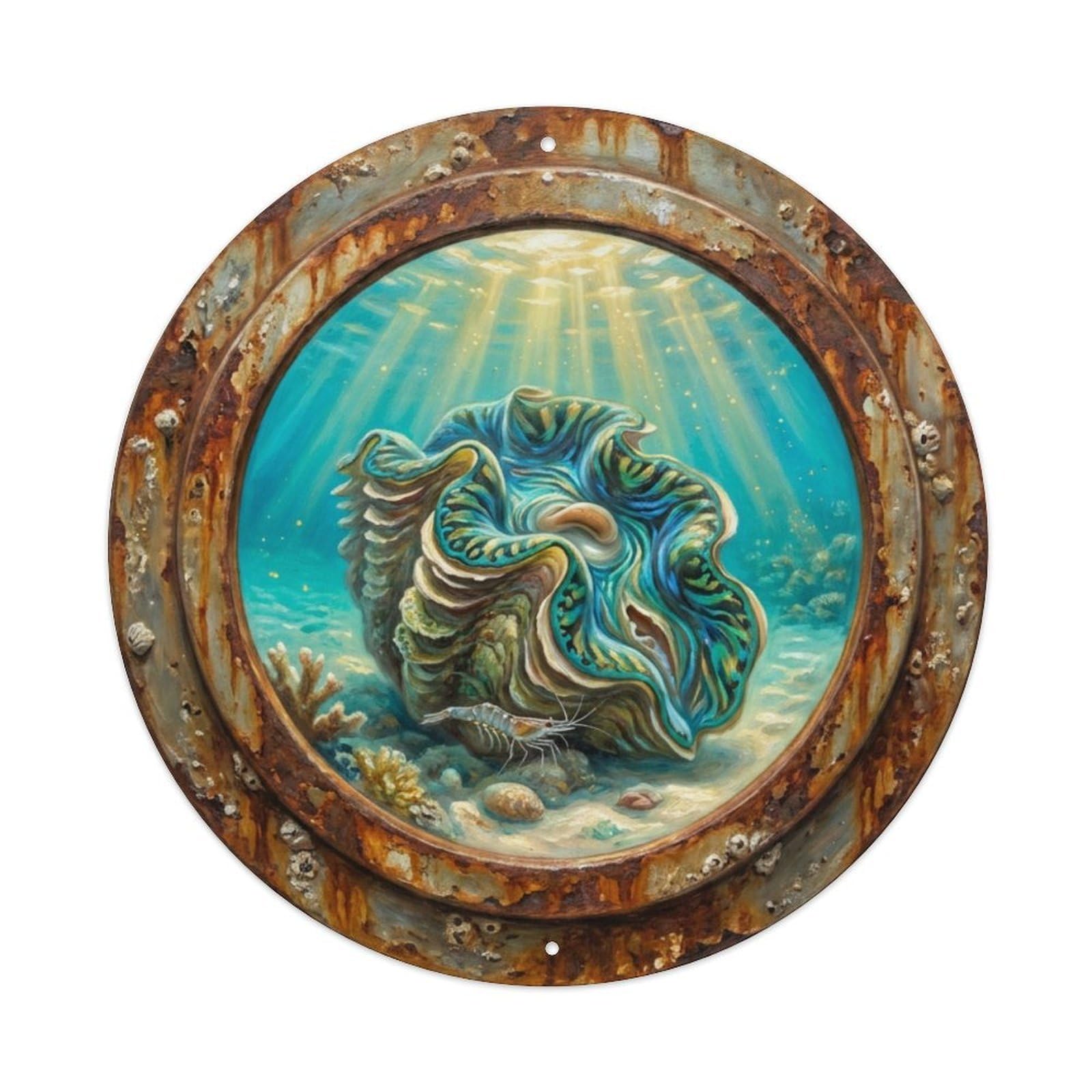 Vintage Porthole Clam Shell Open Ship Window Undersea Deep Metal Tin Sign