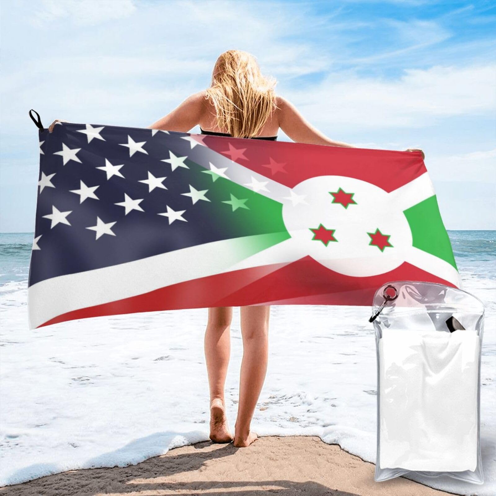 HACXZ Funny America Flag and Burundi Burundian Flag Absorbent Beach Towel Microfiber Beach Shower Towel 27.5"X55"