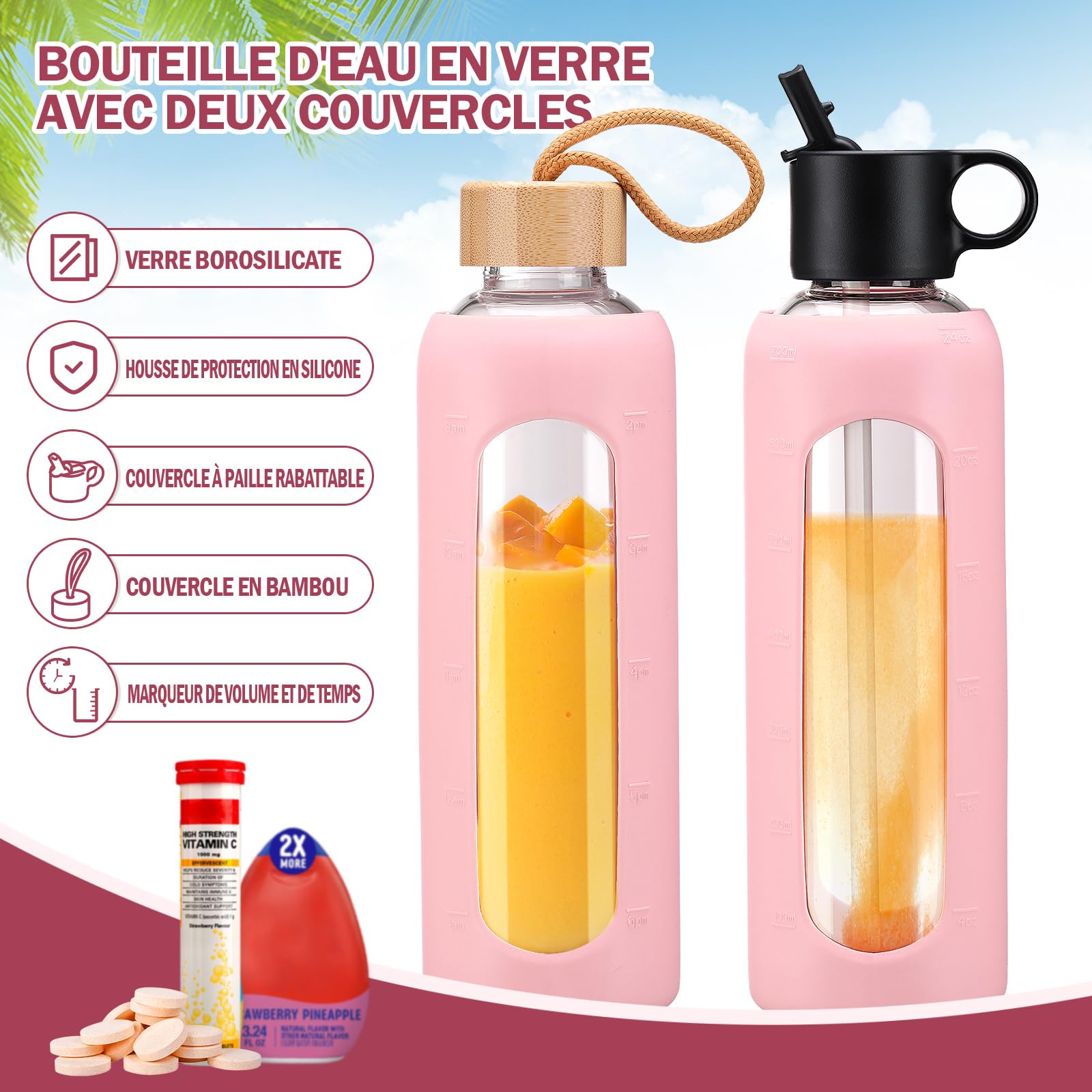 HydraglAZIC Glazen waterfles, 700 ml, glazen waterfles met 2 deksels, met klapdeksel en bamboe rietje, sportwaterfles met tijdherinnering en siliconen hoes, lekvrij, BPA-vrij, zwart