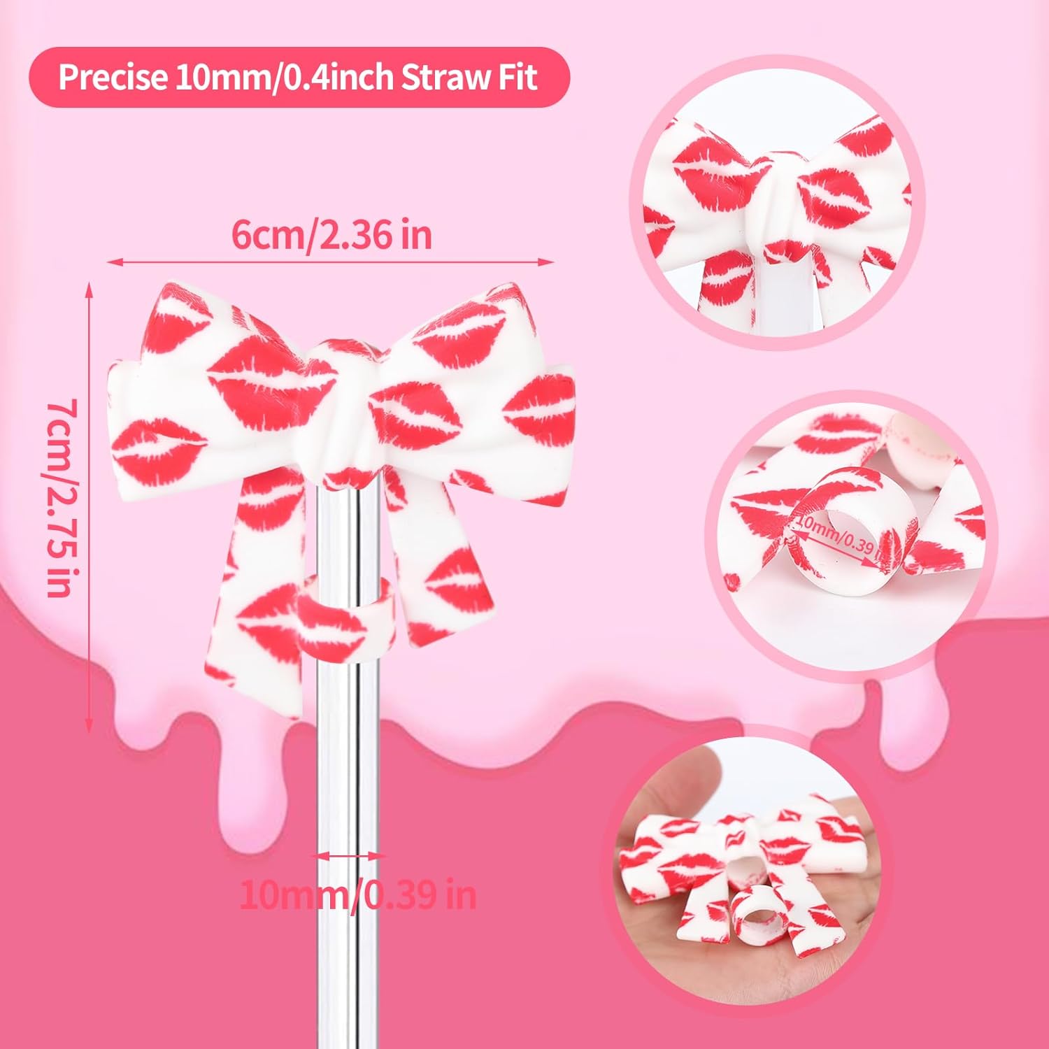 3 Pack Printed Bow Straw Toppers, Silicone 10mm/0.4In Reusable Dust-Proof Straw Cover Caps for Stanley Cup 30&40oz, Tumblers Accessories Gift (3 Colors A) - Image 2