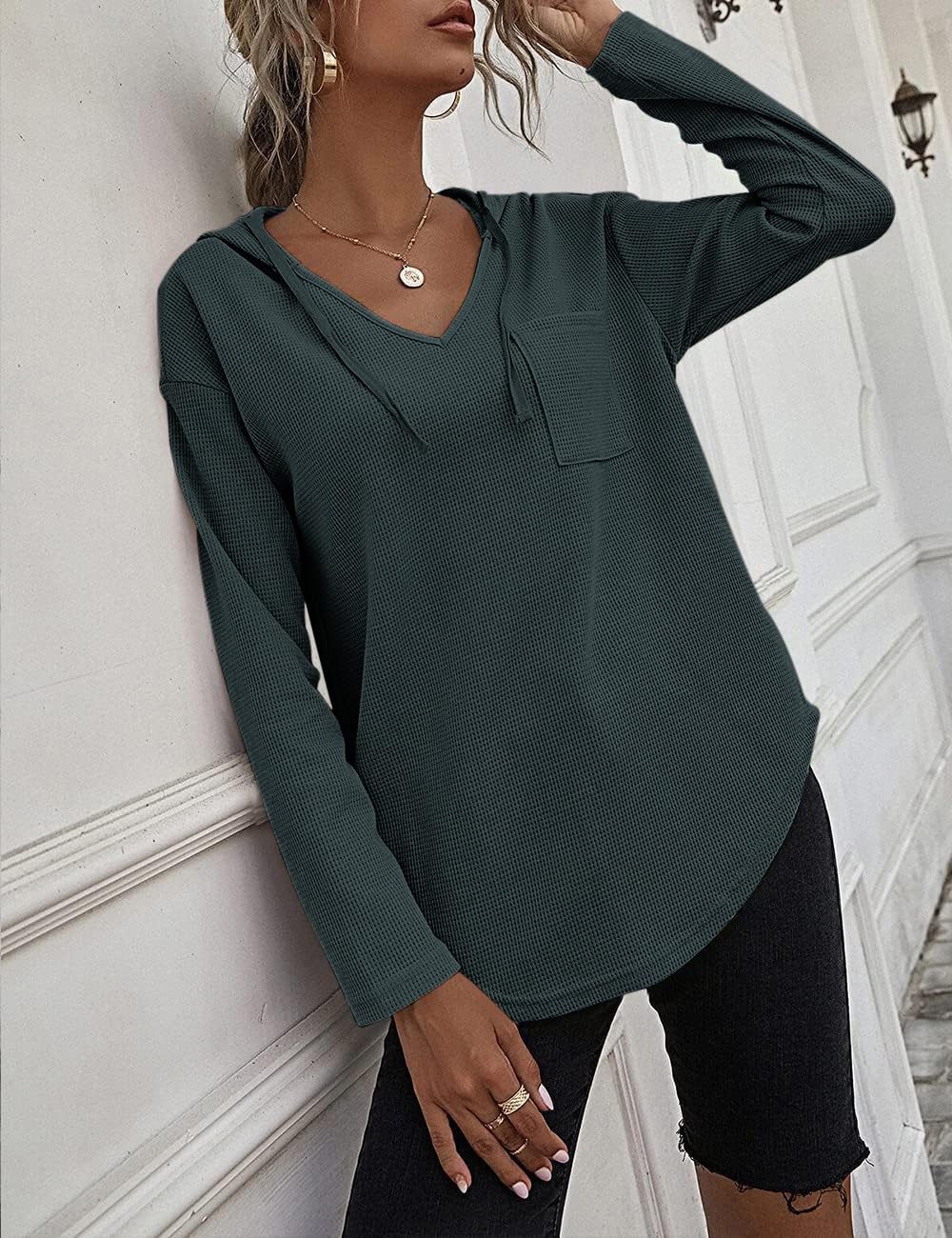 Cuptacc Felpa Donna con Cappuccio 2024 Maglione Scollo A V Autunno Maglia Manica Lunga Camicia Elegante