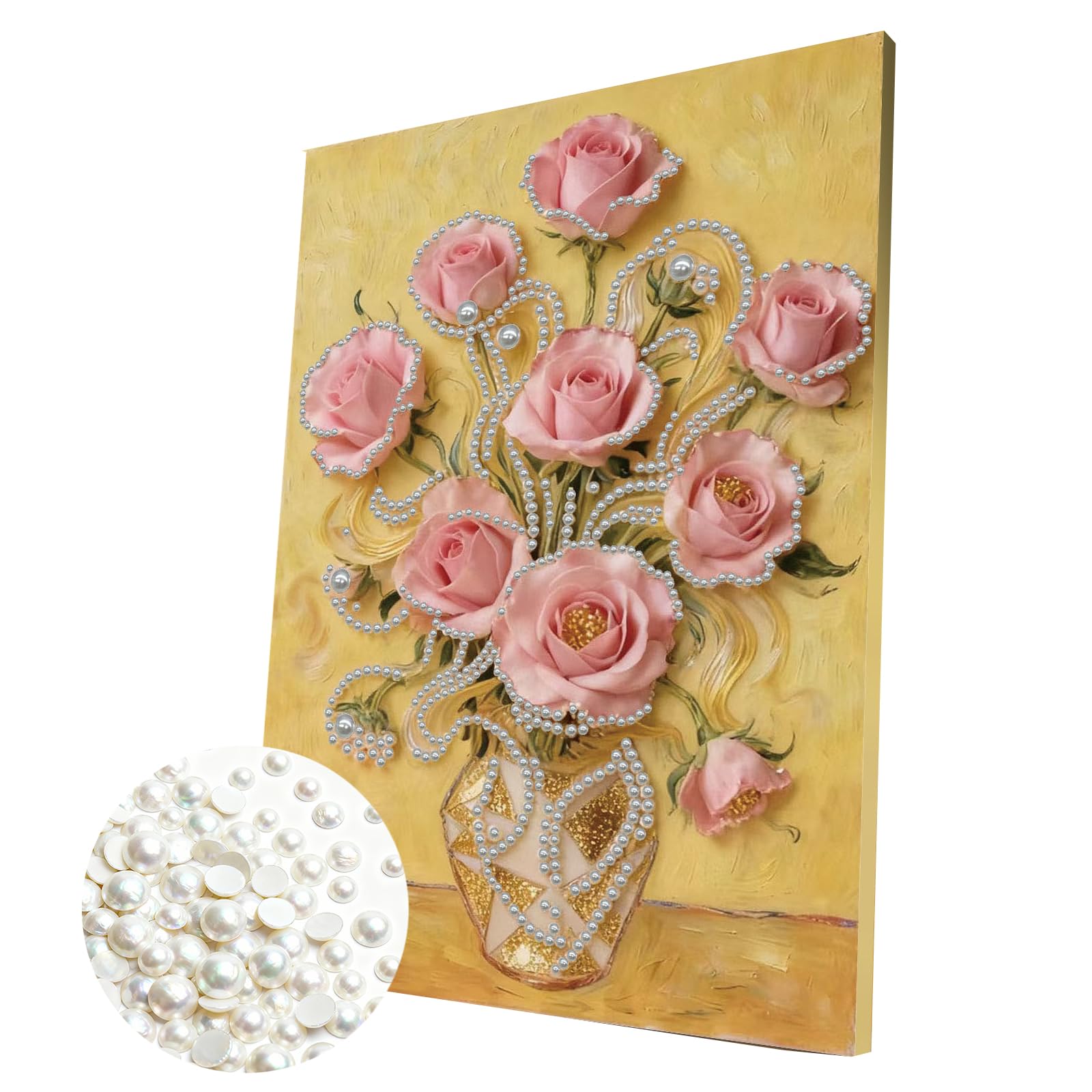 DIY Pearl Painting Kit with Wooden Frame, 3D Plastic Pearl Gemstone Ocean Art Craft for Adults Beginners, Diamond Art Kits for Adults, Home Wall Decor Ready Gift for Women(Vase Flower Rose)(30*40cm)