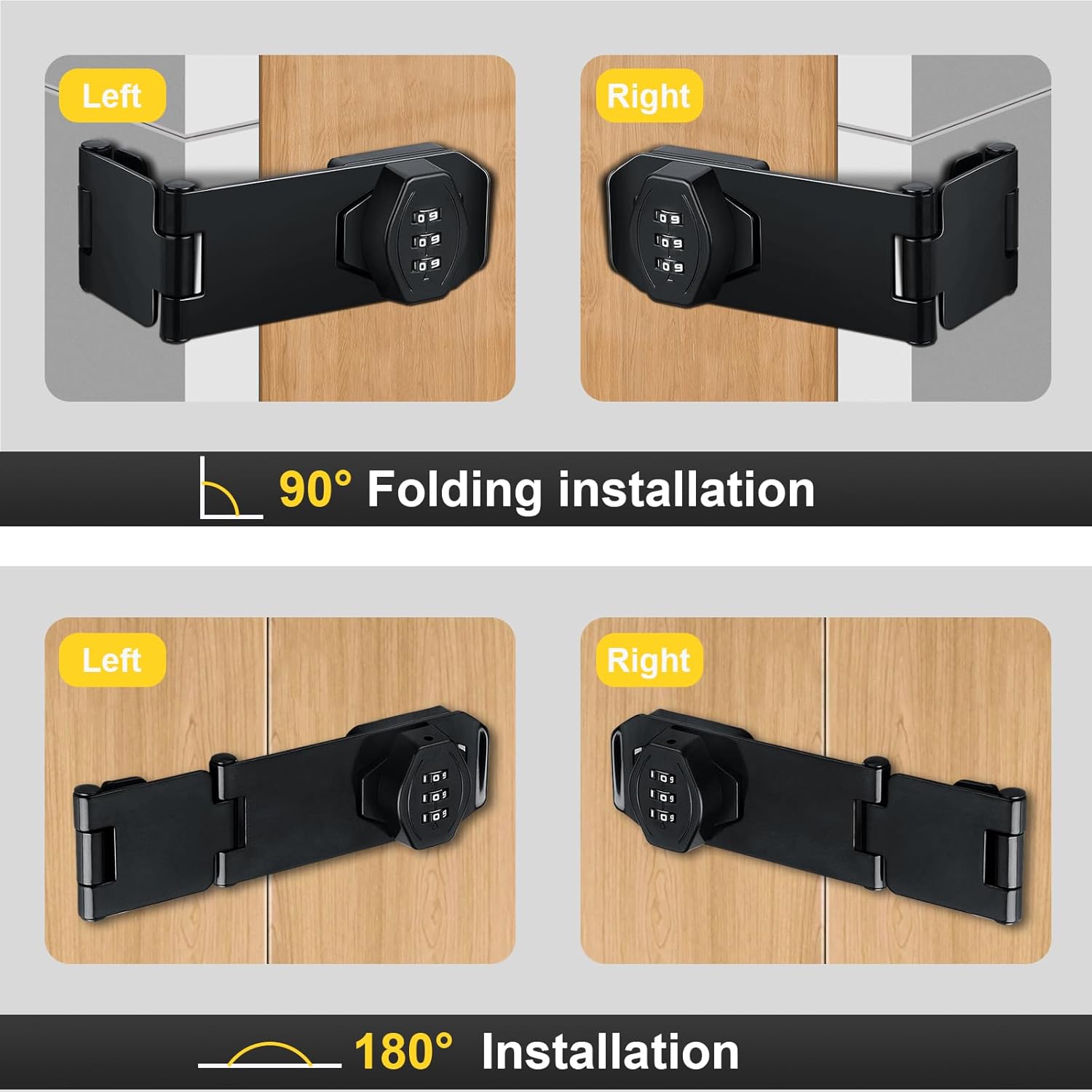 Cabinet Door Locks, 4 Inch Collapsible Password Rotary Hasp Locks File Cabinet Locks, for 90/180 Degree Drawers, Cupboard, Cabinets, Small Doors, Barn Door, Outdoor Fence, 2 Pack (Black)