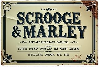 Scrooge & Marley Bank Tin Sign Vintage Private Merchant Bankers Metal Sign Print Aesthetic for Garden Yard Bar Porch Home Bedroom Kitchen Wall Decor Gift 8 X 12 in