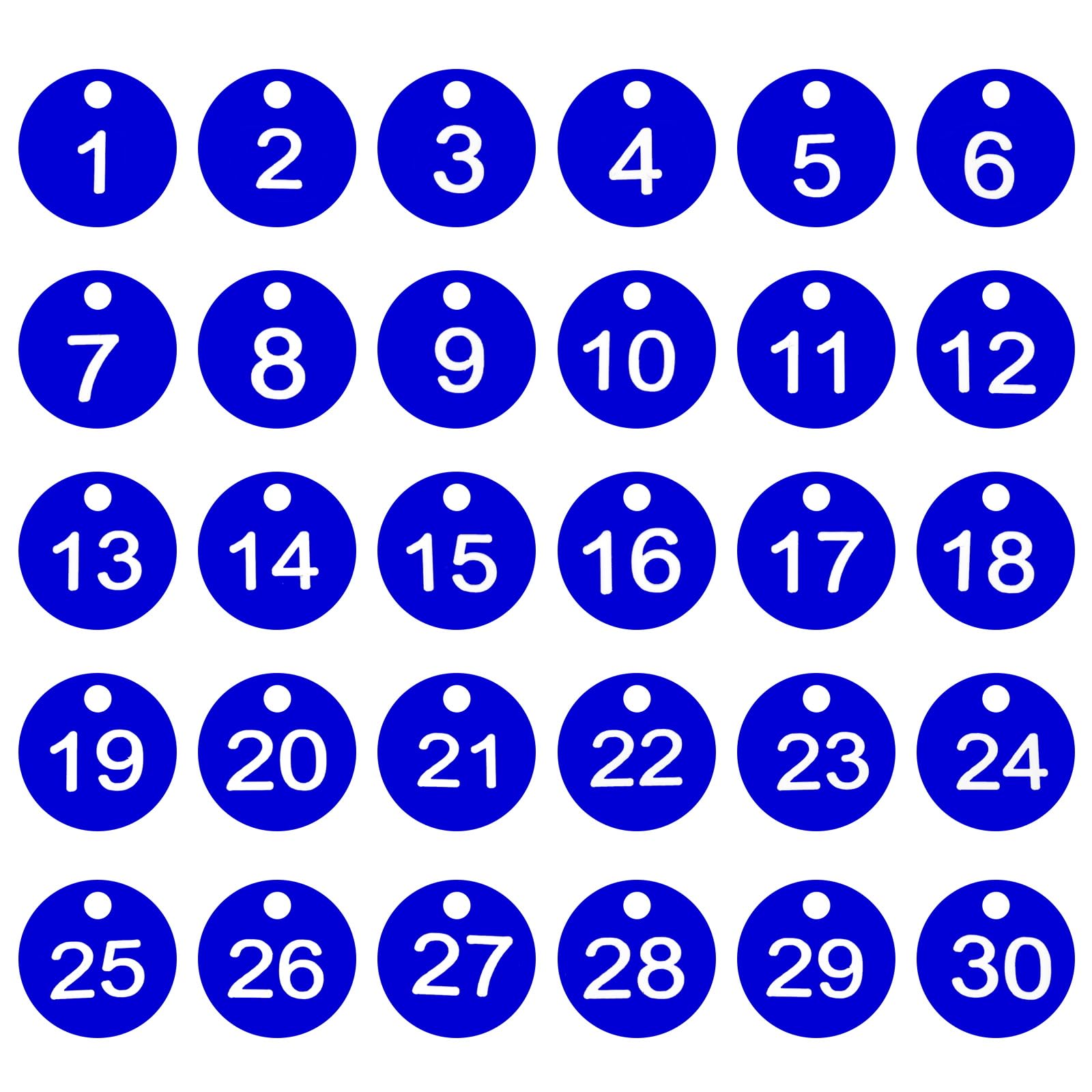 PATIKIL 1-30 Numbers Tags Plastic Round Numbered Marking Identify ID Key Hang Tag for Dormitory Key Chain Box Gym Cabinet Lockers, Blue with White Text
