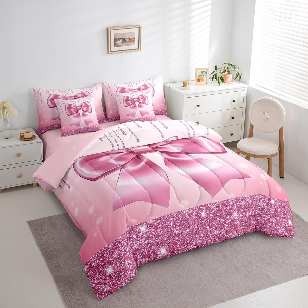 Erosebridal Kids Pink Bow 7 Pieces Bedding Set Queen Size Teen Girl Coquette Bow Comforter Set with Sheets Trendy Modern Fashion Preppy Bed in A Bag Gorgeous Glitter Bowknot Bed Sets