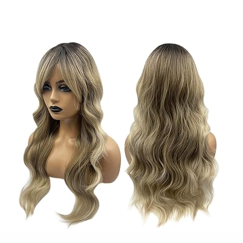 MANDA - Peluca larga y ondulada con flequillo en capas, con raíces oscuras, balayage, rubio, rizada, para usar y llevar, pelucas de cabello largo
