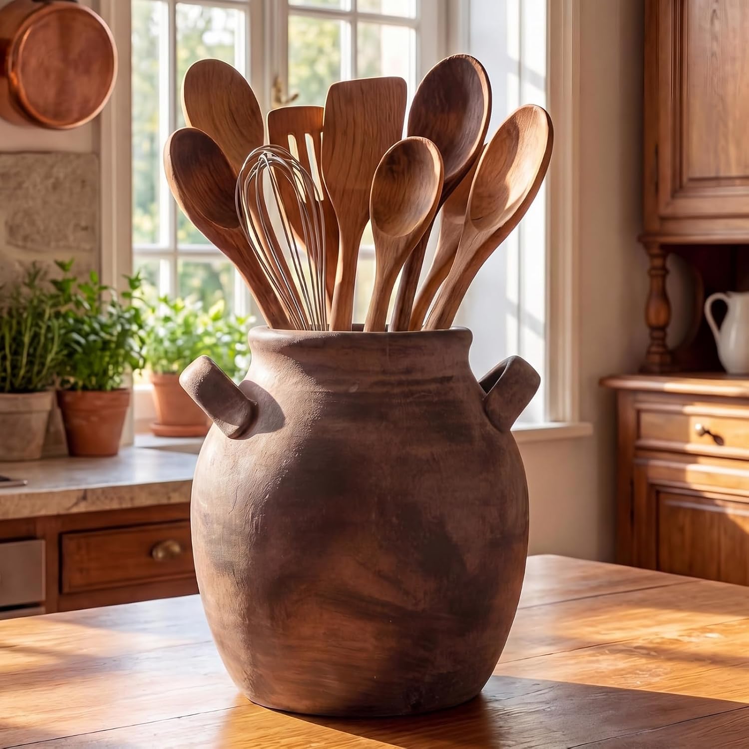 Havawish Rustic Utensil Crock Kitchen Vintage Utensil Holder, Rustic Beige