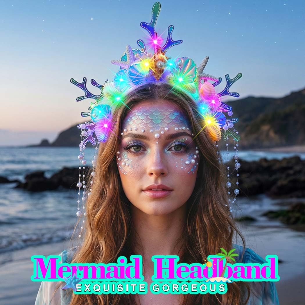 JEAIRTS Light Up Mermaid Headband Glow Shell Hair Band Led Pearl Starfish Costume Hair Accessories for Women - Image 3