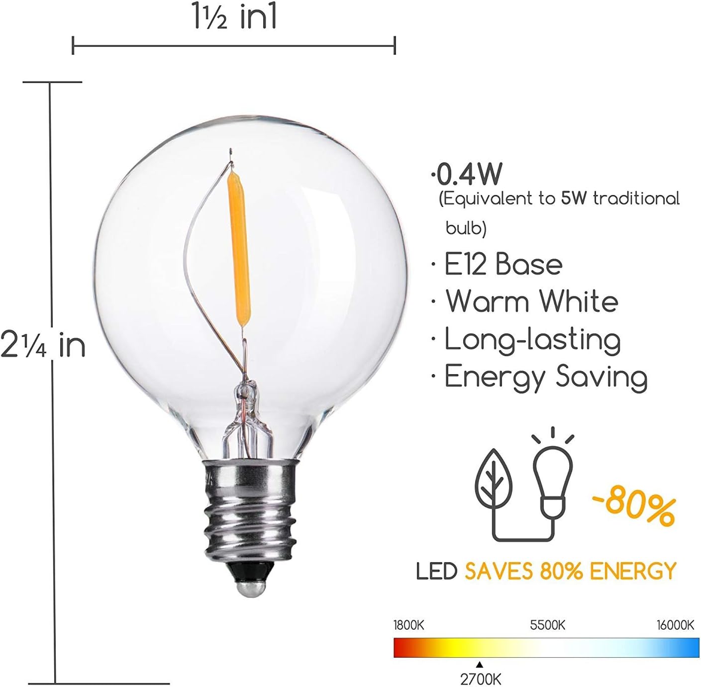 G40 Dimmable Clear Globe Bulbs Replacement Bulbs E12 C7 Screw for Indoor Outdoor Patio String Lights (Pack of 100)