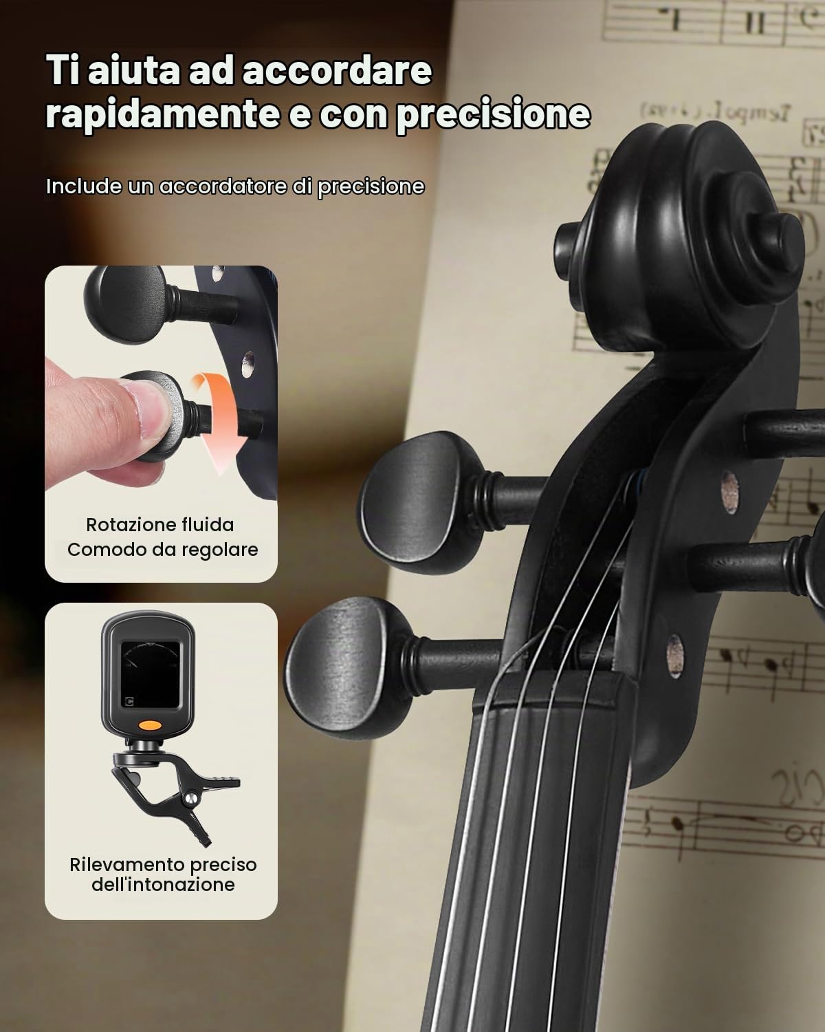 VEVOR Violino per Adulti da 355 mm Misura Standard, Set per Violino in Legno Massello con Custodia Rigida, Colofonia, Archetto, Spalliera, Ponticello, Accordatore e Corde Extra, Nero Opaco