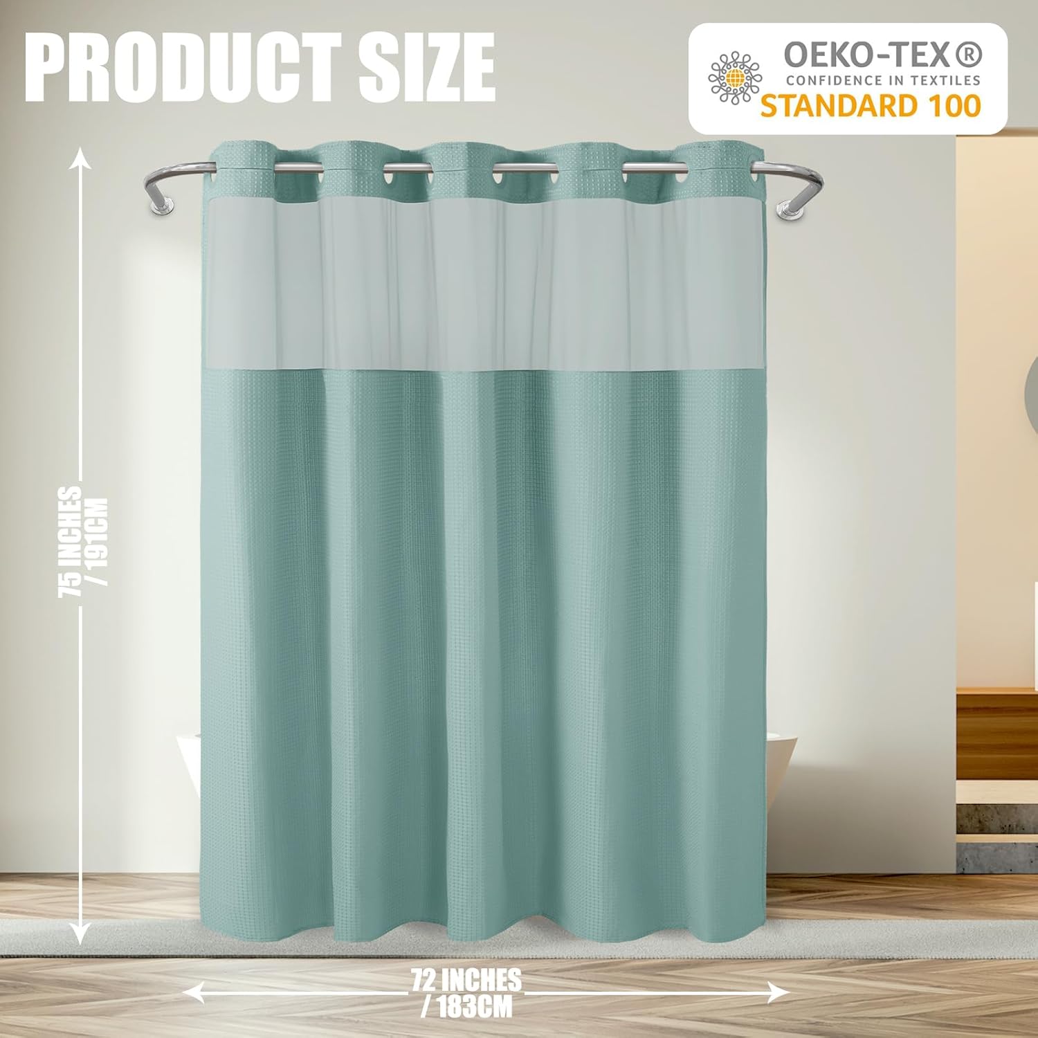 VANZAVANZU No Hooks Required 256GSM Waffle Weave Shower Curtain, with Mesh Top Window, Hotel Luxury Quality, Waterproof, Machine Washable, Weighted Hem, 72 x 75, Turquoise