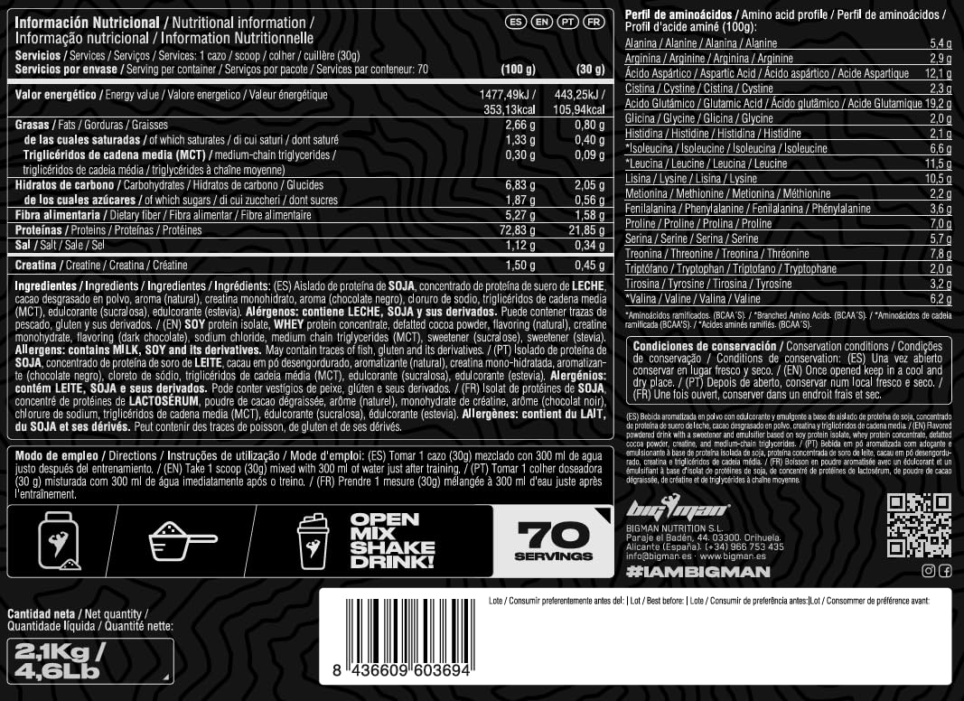 BigMan | Forza Protein 2kg | Proteína 80% | Aislado proteína Soja + Concentrado proteína Whey | Creatina | Alto Contenido en Proteínas y Recuperador (2,1Kg, Chocolate)