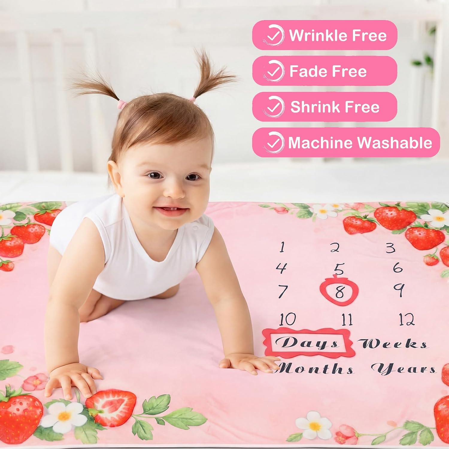 Chumia Baby Monthly Milestone Blanket for Girl 59" x 39" Pink Strawberry Photo Prop Blankets Baby Age Milestone Blanket with 2 Felt Floral Wreath Frame