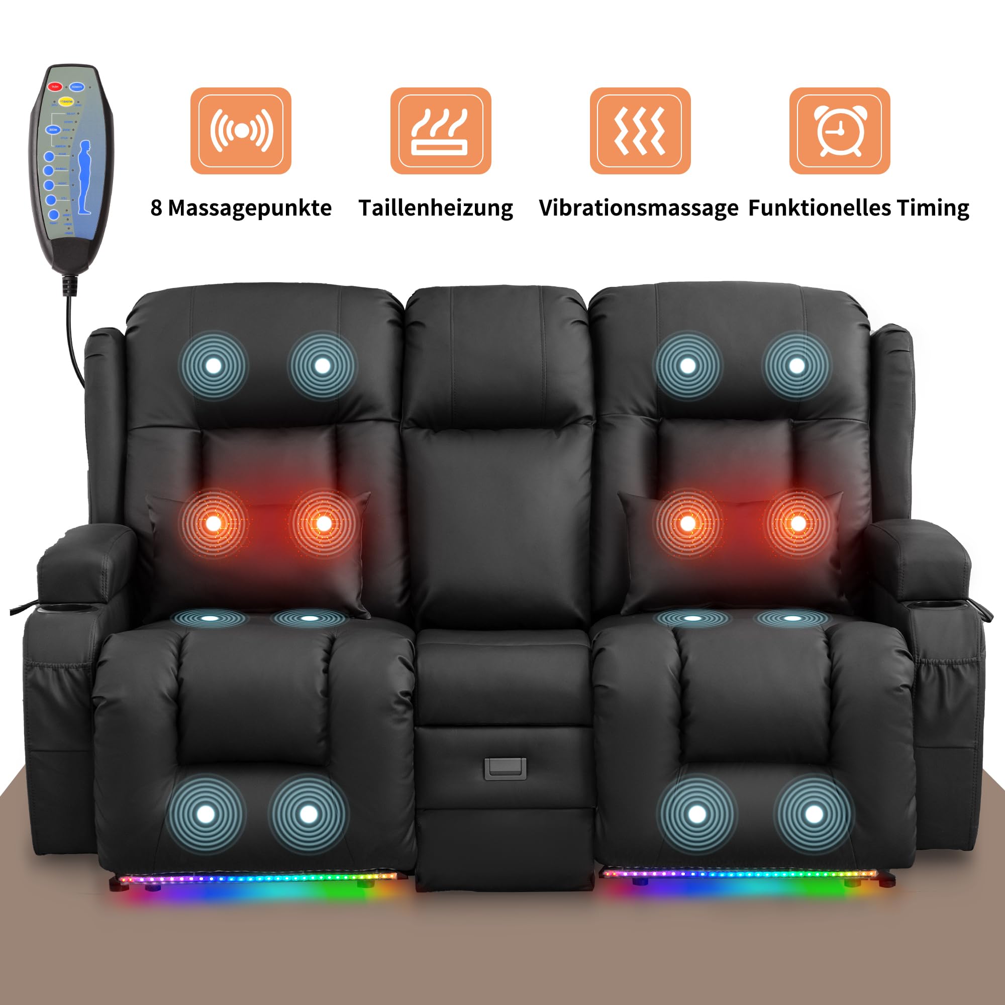 Elektrisch Relaxsessel mit Liegefunktion, Zweisitzer Fernsehsessel mit Konsole TV Sessel Heimkino mit Heizung & Vibrierende Massage/USB & Type C/Getränkehalter/Kunstleder (Schwarz)