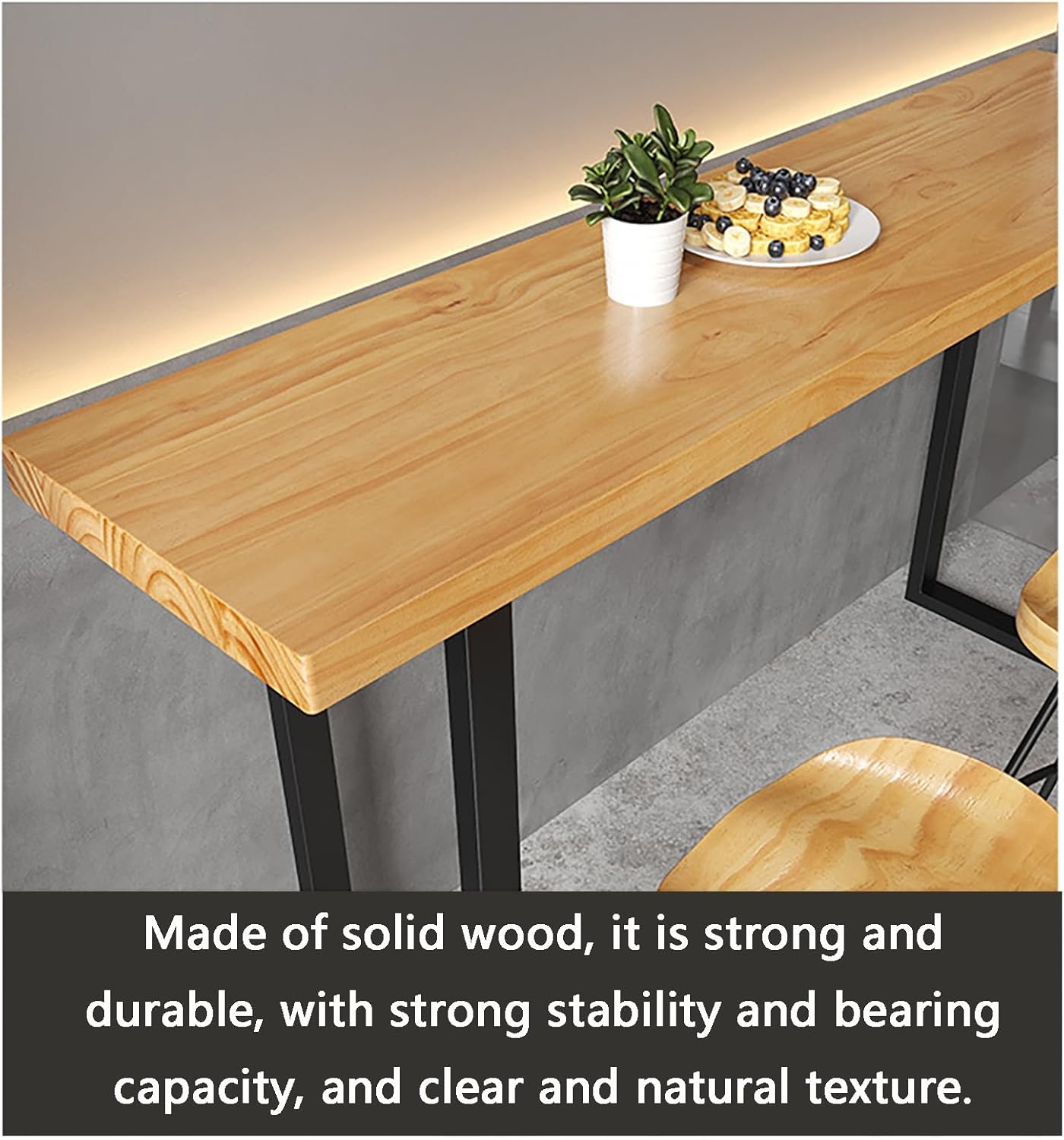 Narrow Long Solid Wood Bar Table Wall-Mounted Home Balcony Simple Long Table Bar Milk Tea Shop High Table Counter Height Bar Table with Metal Legs Suitable for Small Space Without Stools
