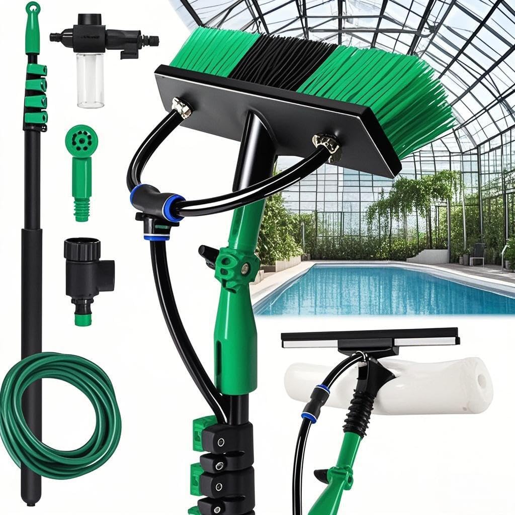 Cepillo de lavado telescópico, 3,6 m con mango telescópico, juego profesional de cepillo telescópico con conexión de agua, limpieza de ventanas y sistemas fotovoltaicos, cepillo telescópico