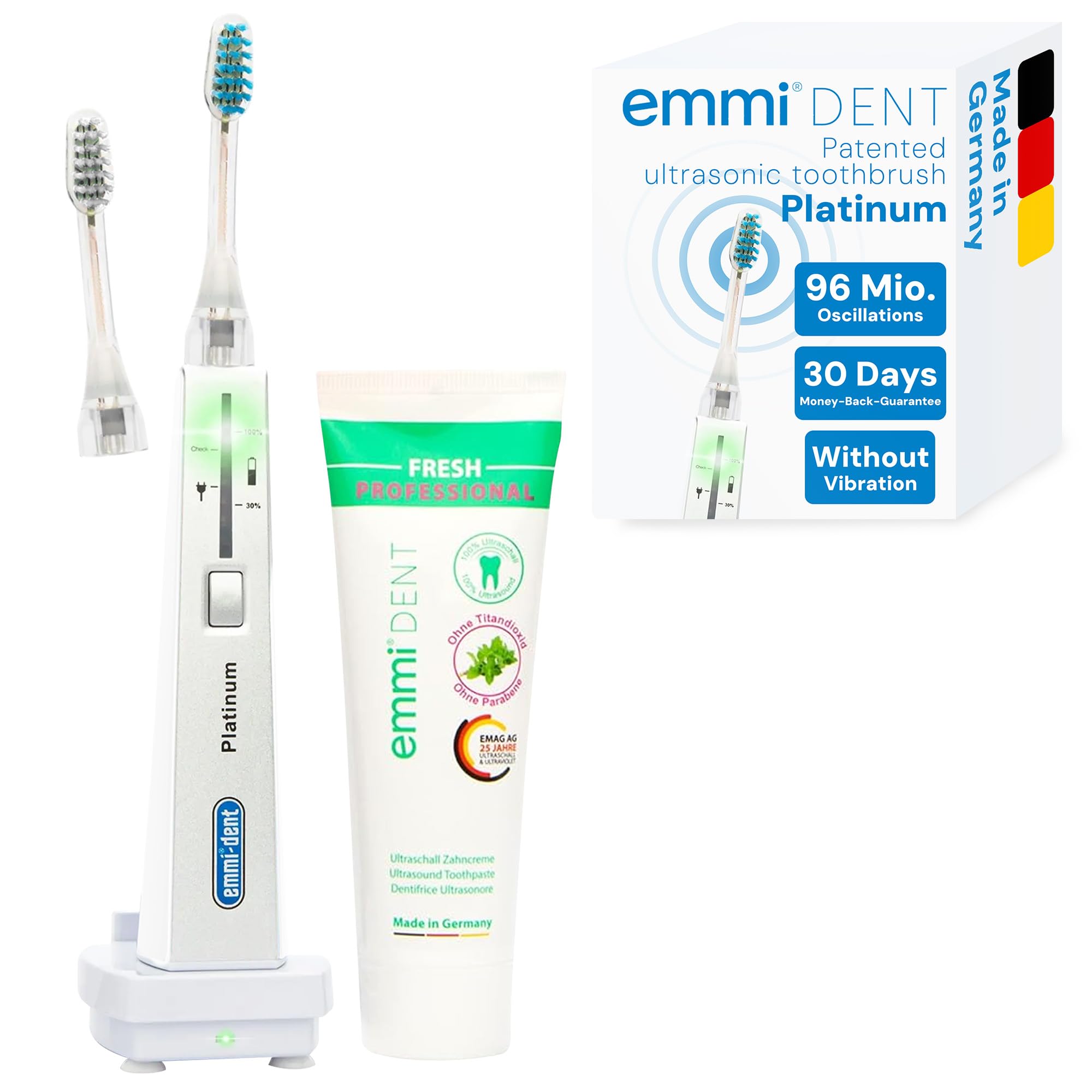Emmi-dentPlatinum Ultrasonic Electric Toothbrush – 96 Million Vibrations | with Ultrasonic Toothpaste | Effective Cleaning | Smart Rechargeable Toothbrush | No Brushing| Up to 15 Days Battery Life