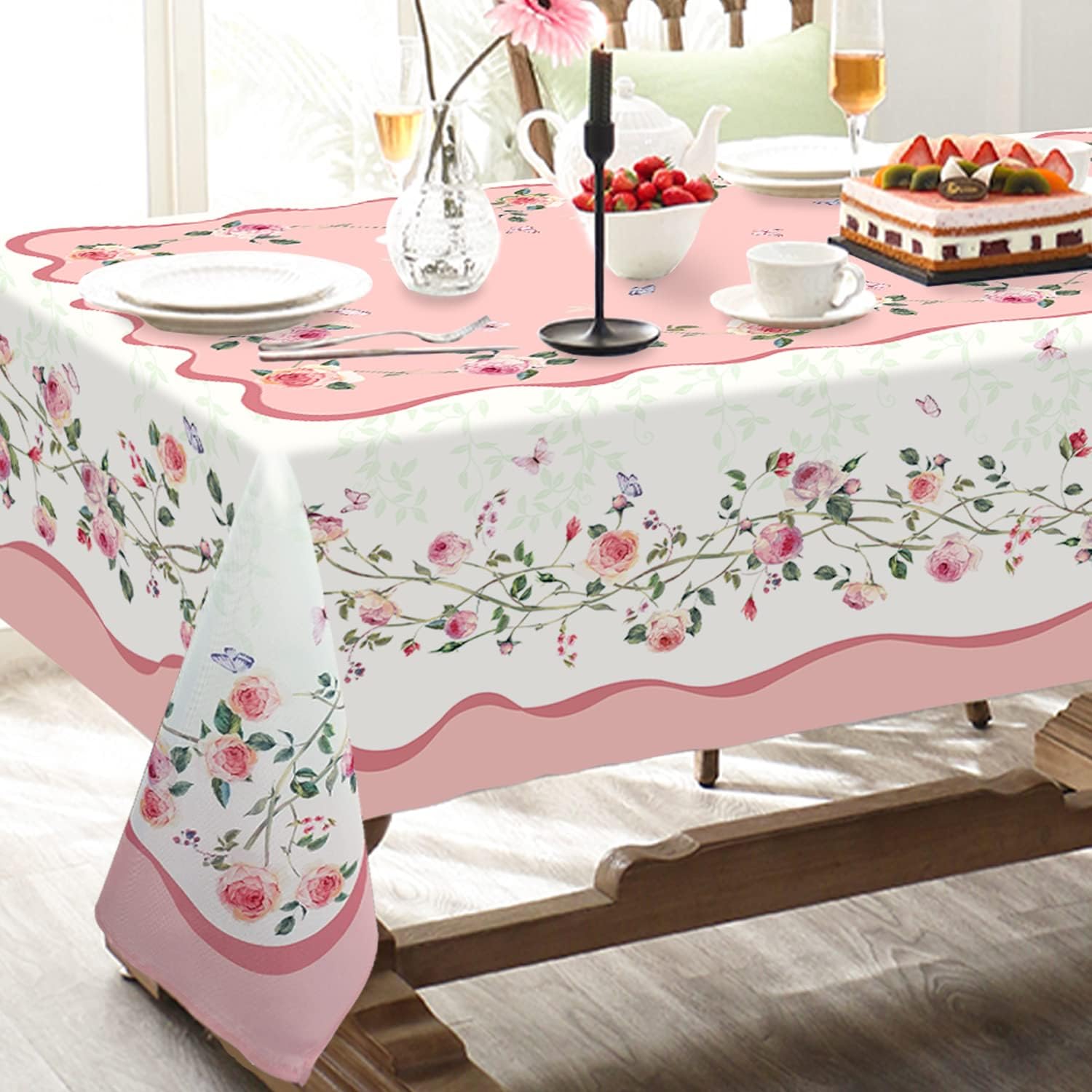 Mothers Day Tablecloth Decoration Tablecloths, Pink Rose Rosette Butterfly Table Covers, Waterproof Table Cover for Dinner Kitchen Party Holiday Decor 60"x 102" Oblong/Rectangle