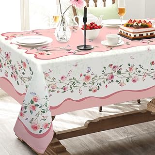 Pink Floral Tablecloth Decoration Tablecloths, Pink Rose Rosette Butterfly Table Covers, Waterproof Table Cover for Dinner Kitchen Party Holiday Decor 60"x 84" Oblong/Rectangle